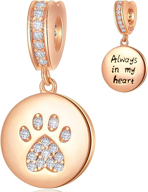 CRISNATA I Love My Pet Theme Charm-18k Yellow/Rose Gold Plated 925 Sterling Silver Dog Paw Print Round Bead Pendant, fits European Animal Charms Bracelet, Gifts for Mummy/Daughter/Grandma