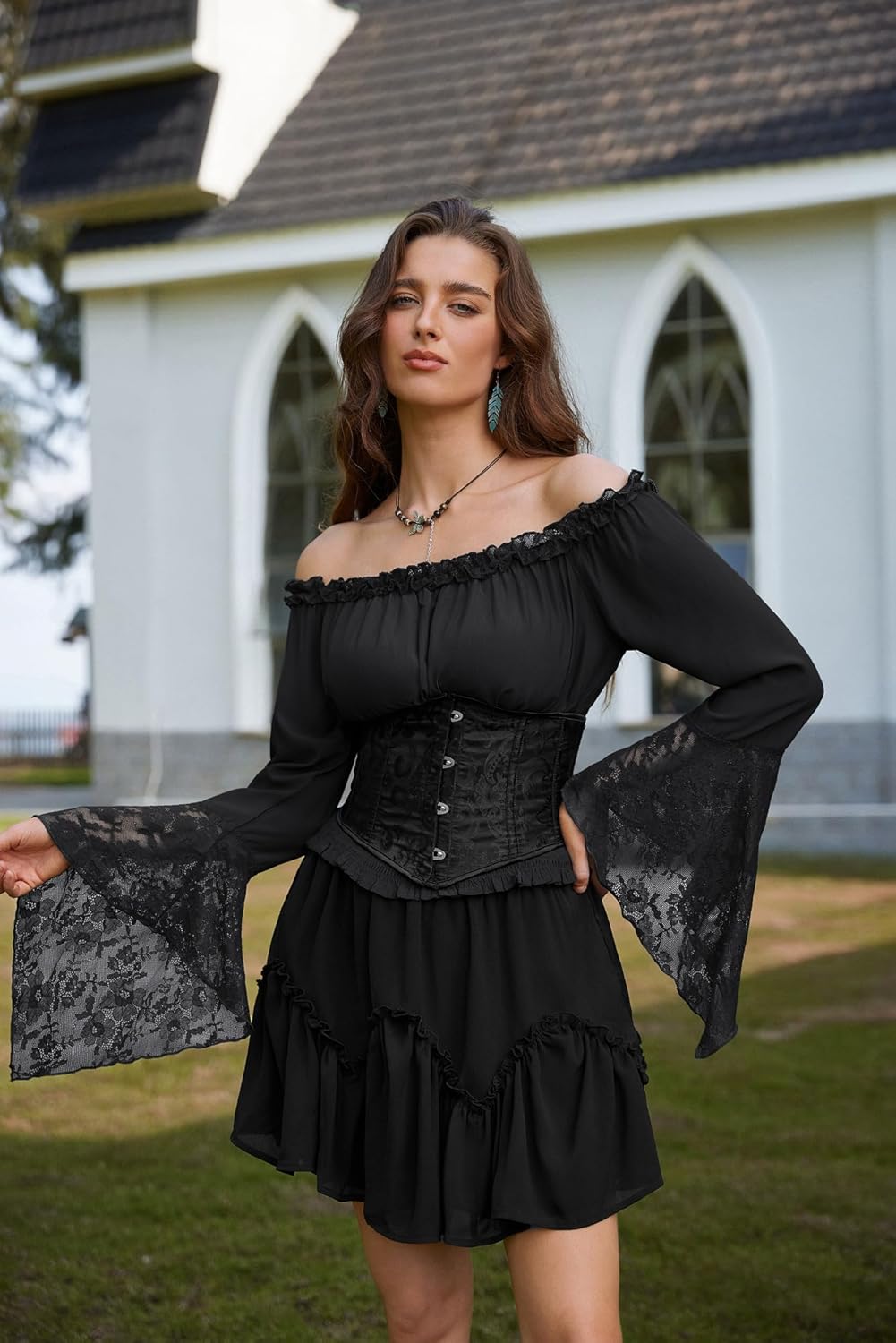 Scarlet Darkness Renaissance Shirt Women Bell Sleeve Off The Shoulder Pirate Blouse Peasant Dressy Top - Image 6