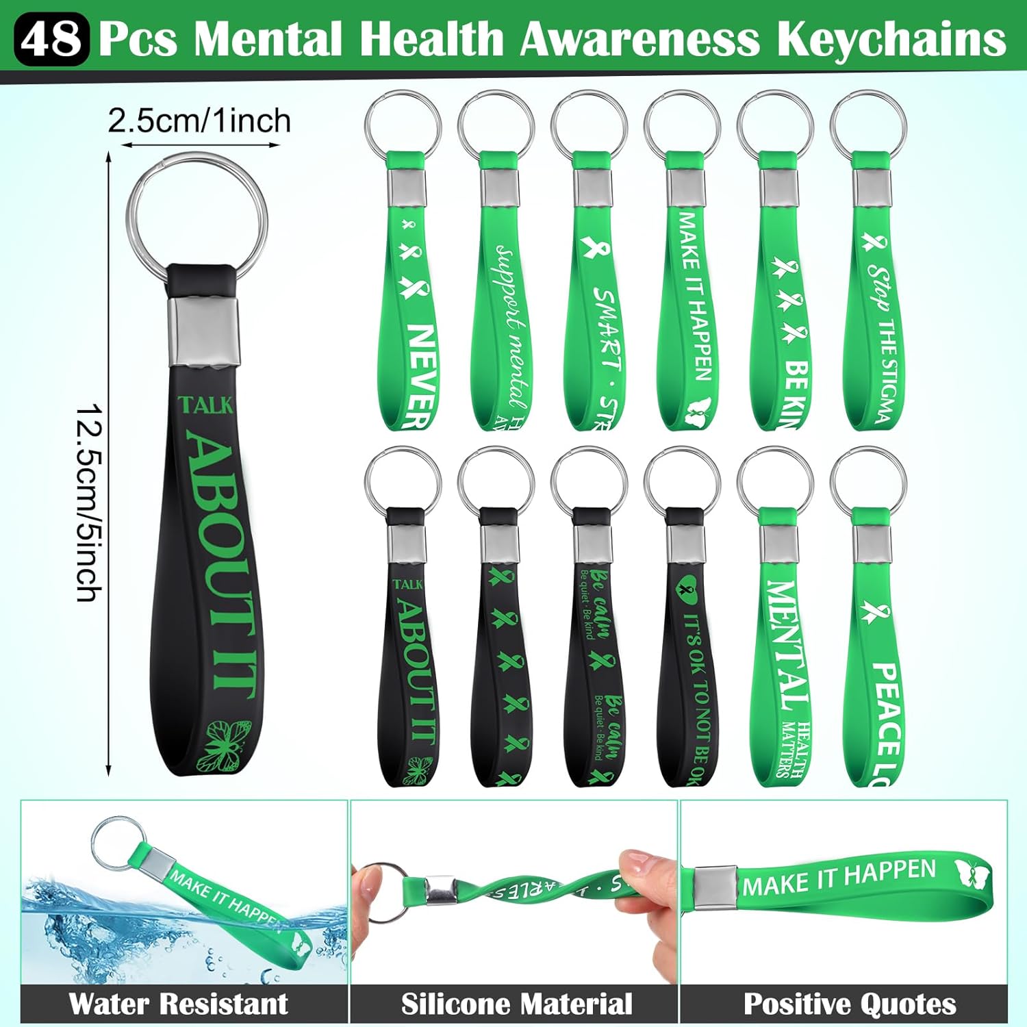 Blosssound 144 Pcs Mental Health Awareness Items Bulk Include 48 Mental Health Ballpoint Pens 48 Silicone Keychains with Inspirational Quotes 48 Organza Bags Green Ribbon Support Gifts for Women Men