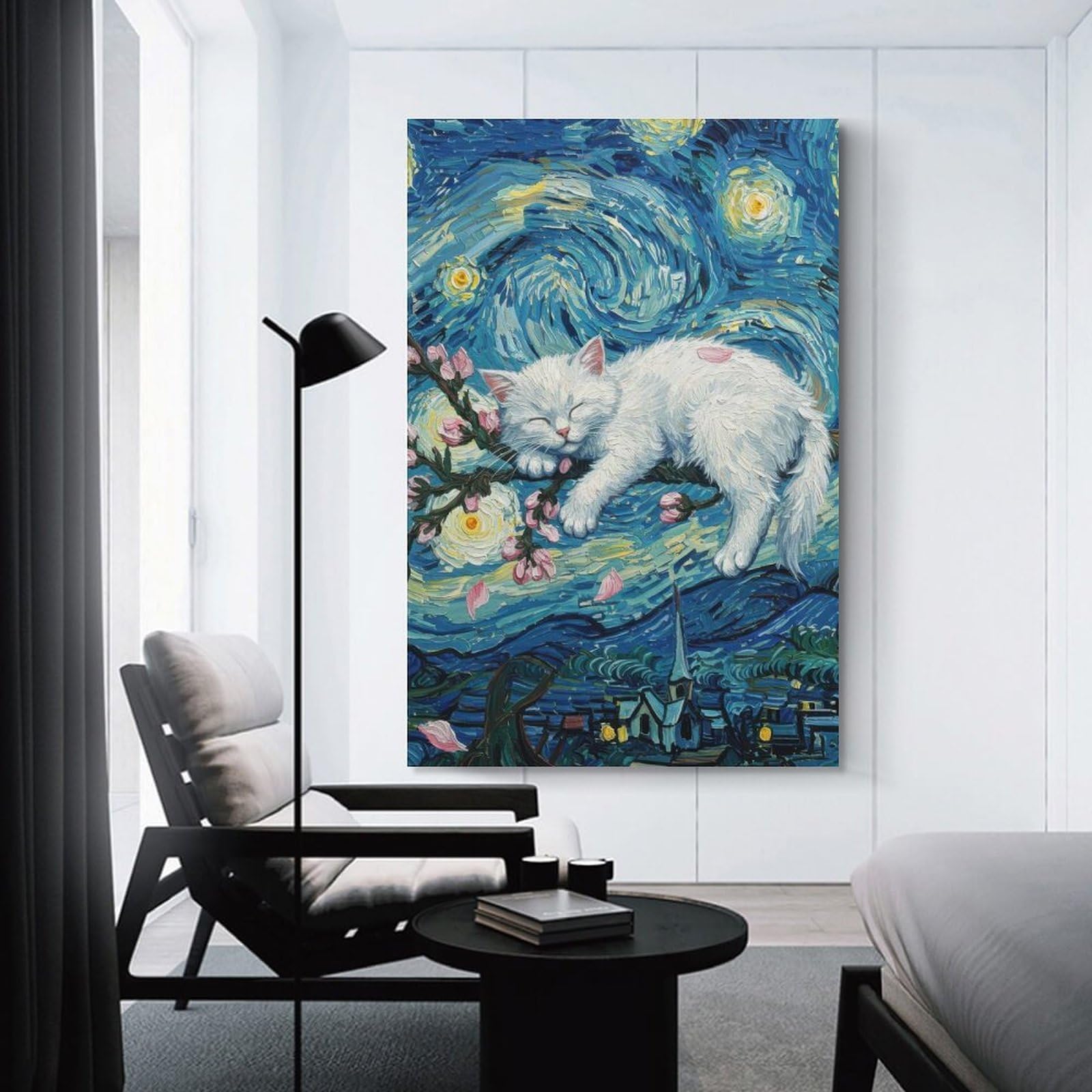 Junmoney Starry Night Cat Nap Room Decor Wall Art, 20x30inch(50x75cm), for Living Room, Lounge Or Sitting Room, A Home Accent with Warm Character