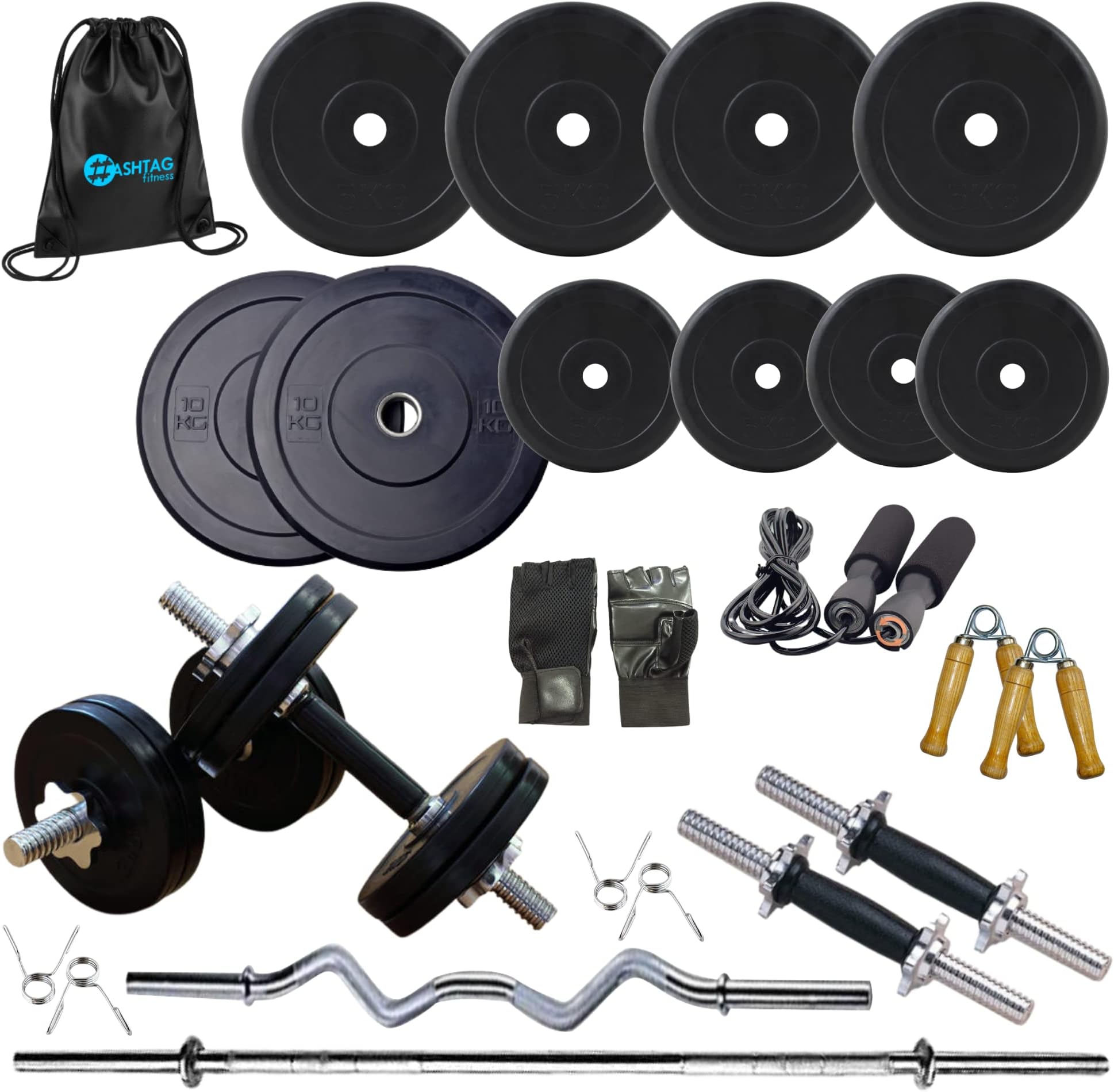 Adjustable Home Gym 50 kg Rubber Weight Combo Kit & Equipments (Black)