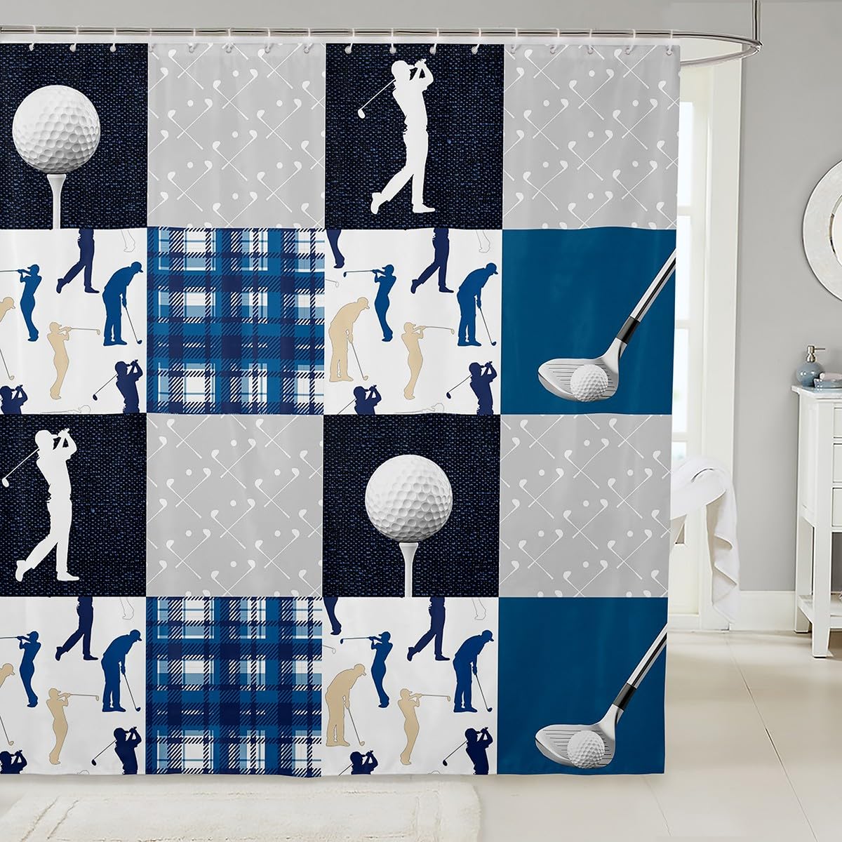 Castle Fairy Ball Sports Bath Curtain,Golf Themed Lover Style Bathroom Shower Curtain for Kids Boys,Blue Buffalo Grid Geometric Waterproof Fabric with