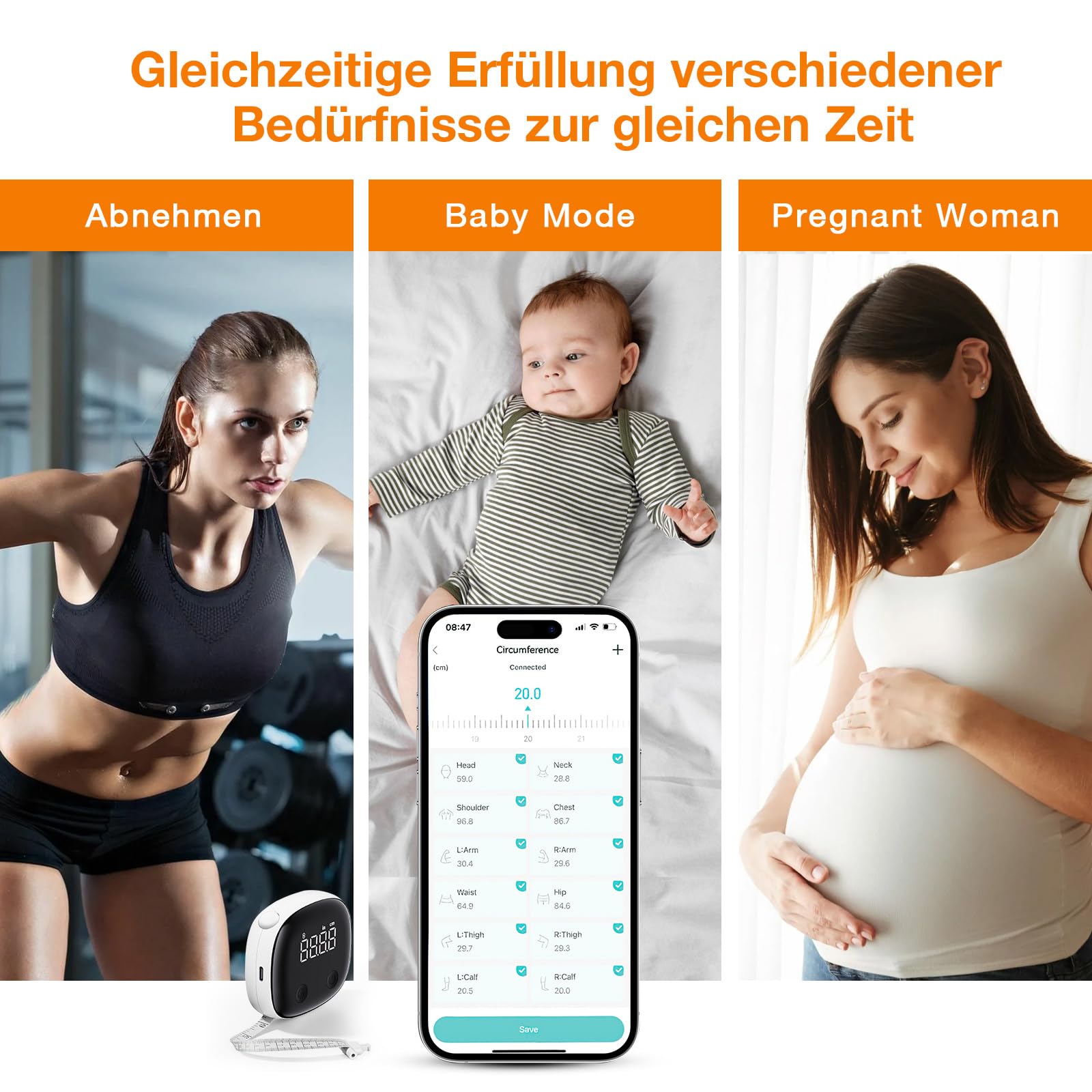 Smart Body-Maßband, Bluetooth-Maßband, Fitdays-App-Überwachung, Körpermaßband LED HD Vollbild für Fitness, Formgebung, Gewichtsabnahme und Aufzeichnung des Körperumfangs in cm oder zoll