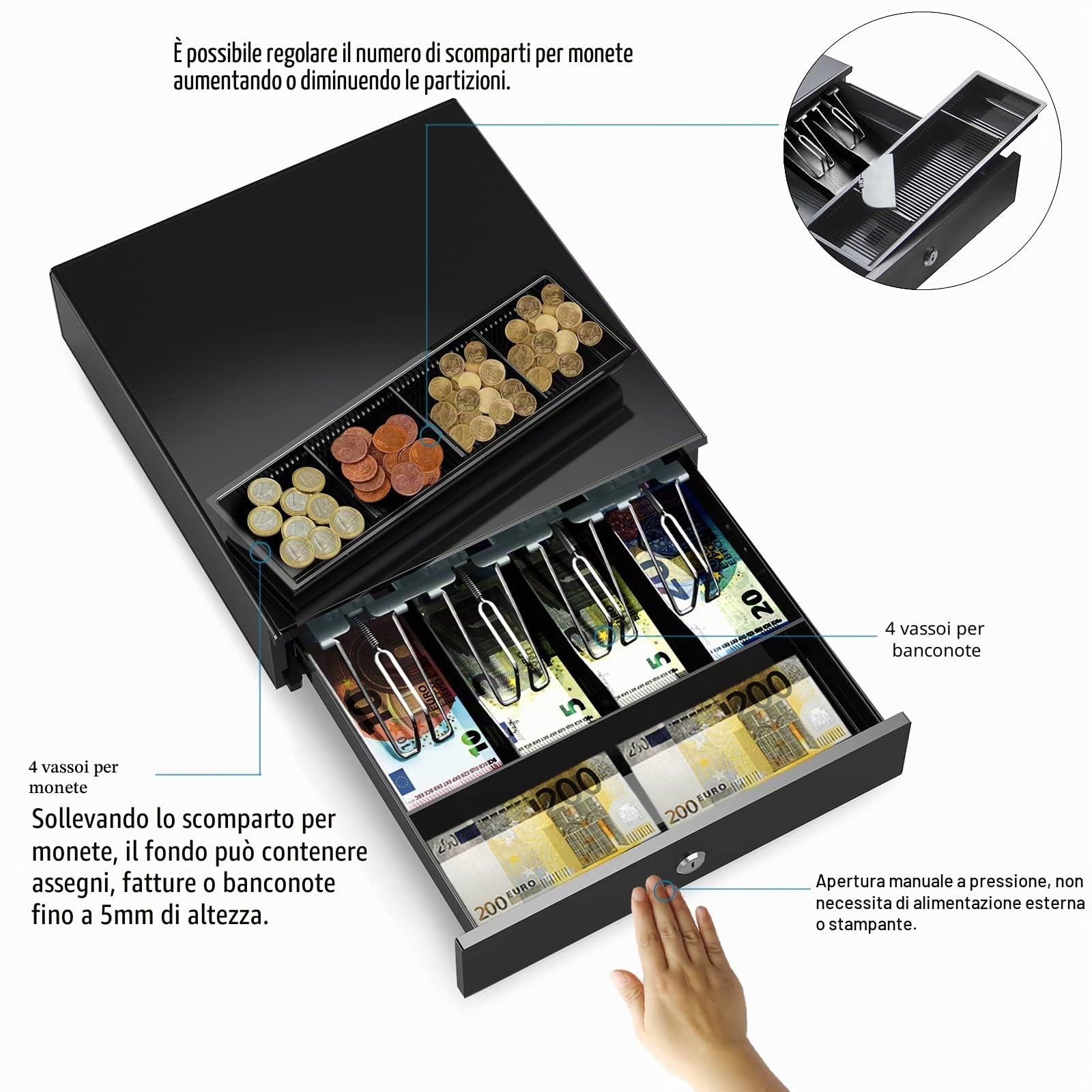 HONEY BEAR Cassetto porta-denaro da 14 pollici per registratori di cassa Acciaio ad elevato spessore, 4 scomparti per le banconote 4 per le monete Apertura a pressione, apertura manuale