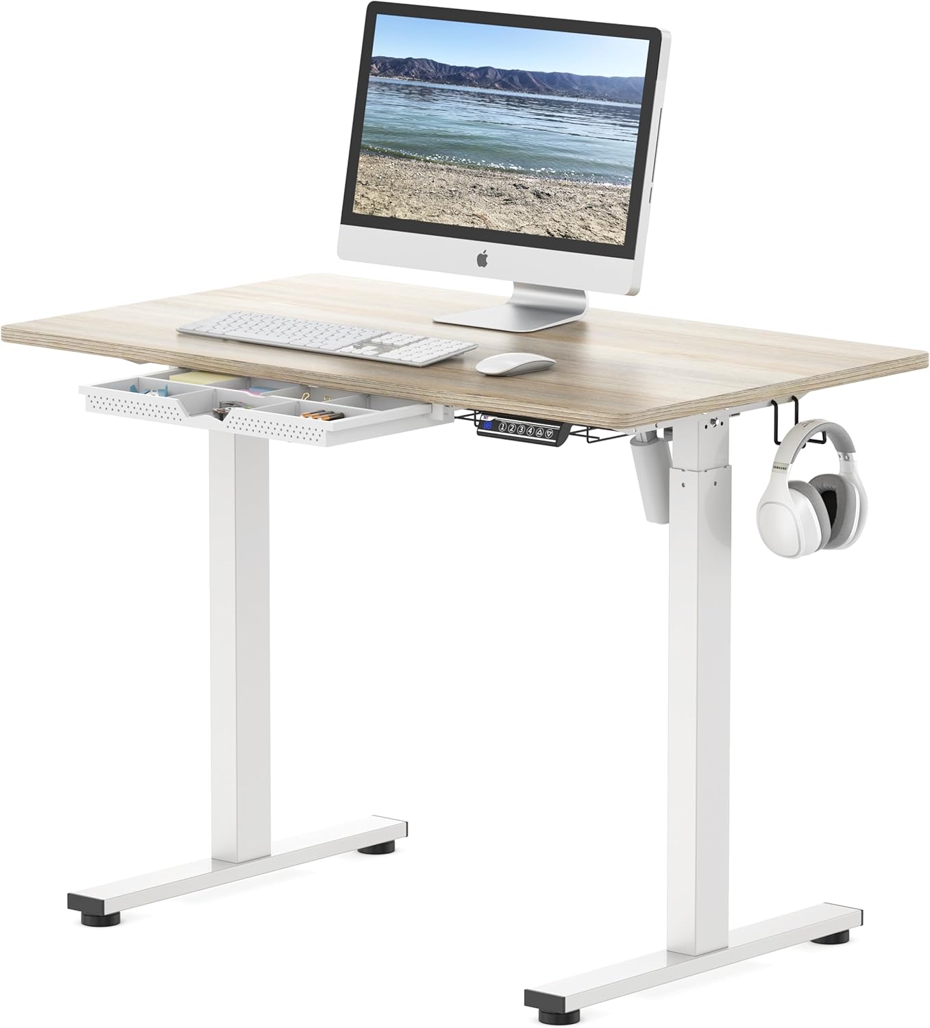 A compact SHW Electric Standing Desk in a simple, minimalist home office.