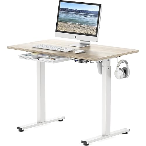 SHW 40-Inch Electric Height Adjustable Standing Desk with Drawer, Memory Preset and Cable Management Tray, Maple