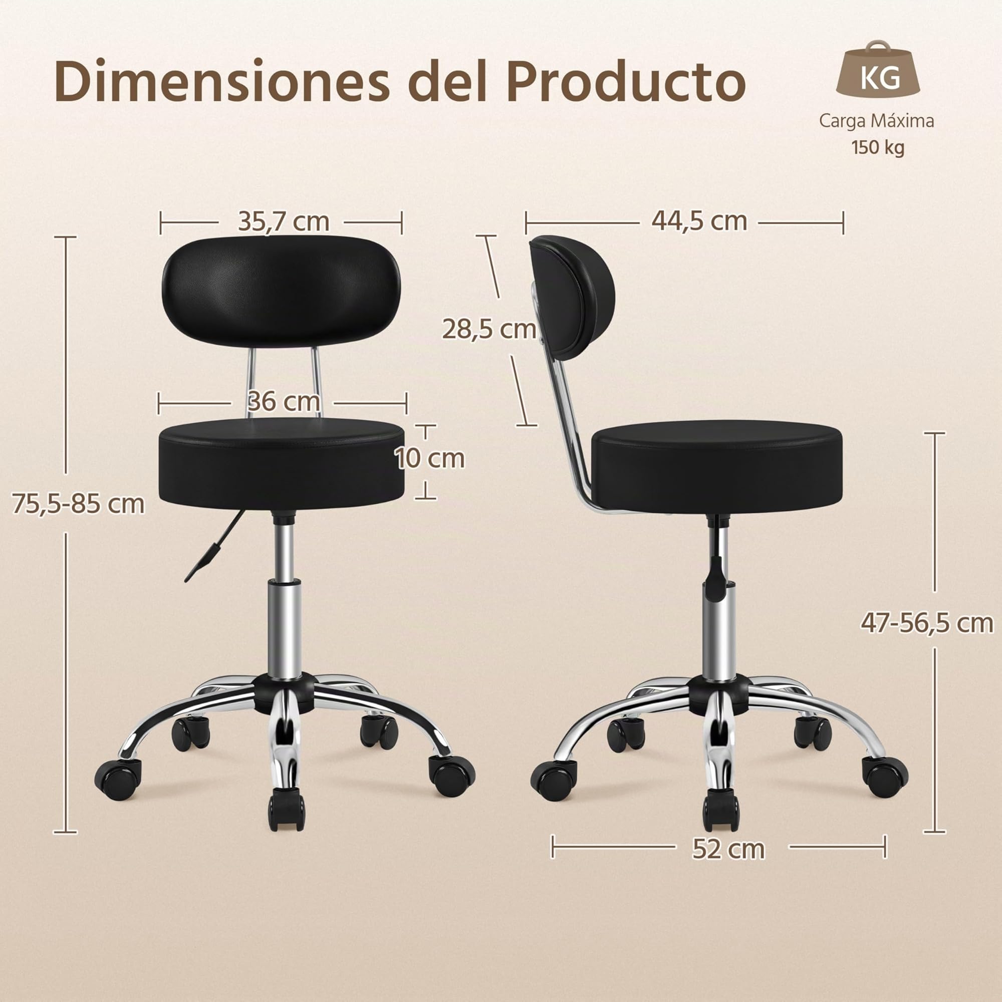 Yaheetech Taburete Giratorio Taburete con Ruedas y Respaldo con Altura Regulable 75.5-85 cm Asiento Tapizado de Polipiel Sintético para Oficina Dormitorio Negro