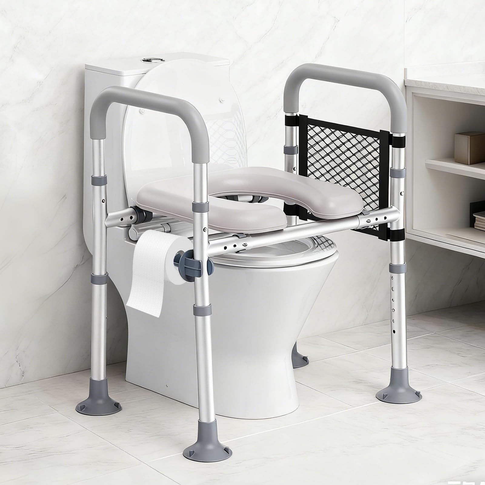 Rialzo WC per Anziani, Alzata per WC con Altezza e Larghezza Regolabili, Alza Water x Anziani con Braccioli per Anziani, Seduta Imbottita e Telaio in Alluminio, Adatto a Qualsiasi WC, Portata 150 kg