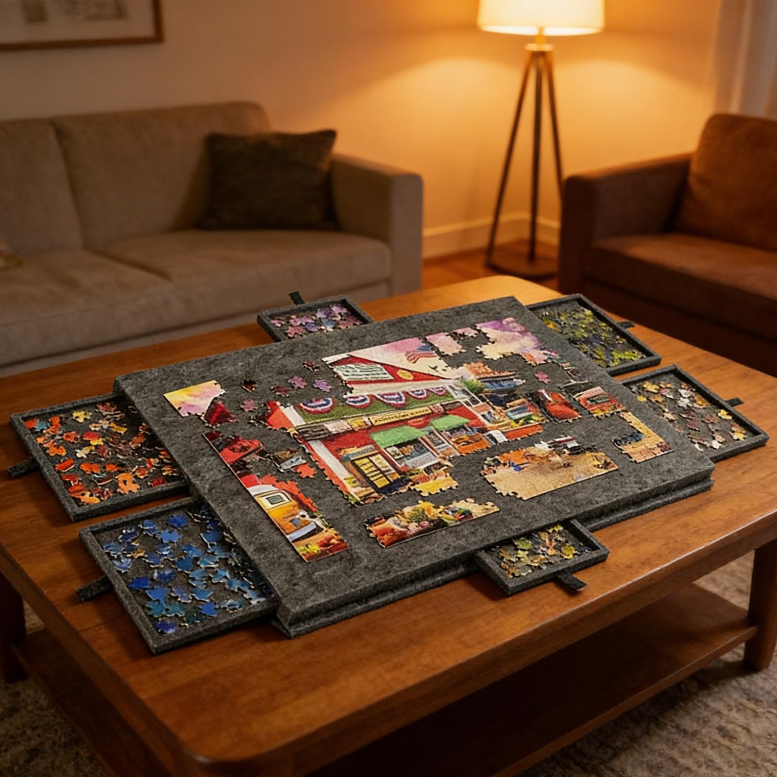 Tablero Puzzle para 1000 Piezas, Puzzles Board con 6 Cajones Clasificadoras, Tapete Puzzle de Fieltro Ligero con Soporte 2 en 1, Portátil Mesa Puzzles 52 x 77 cm, Negro