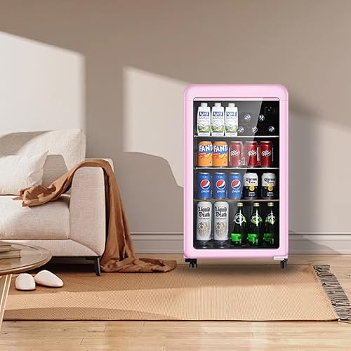 Miniatura 7 de Refrigerador de bebidas retro, mini refrigerador de 3.2 pies cúbicos con puerta de vidrio para vino de cerveza de soda, enfriador de bebidas