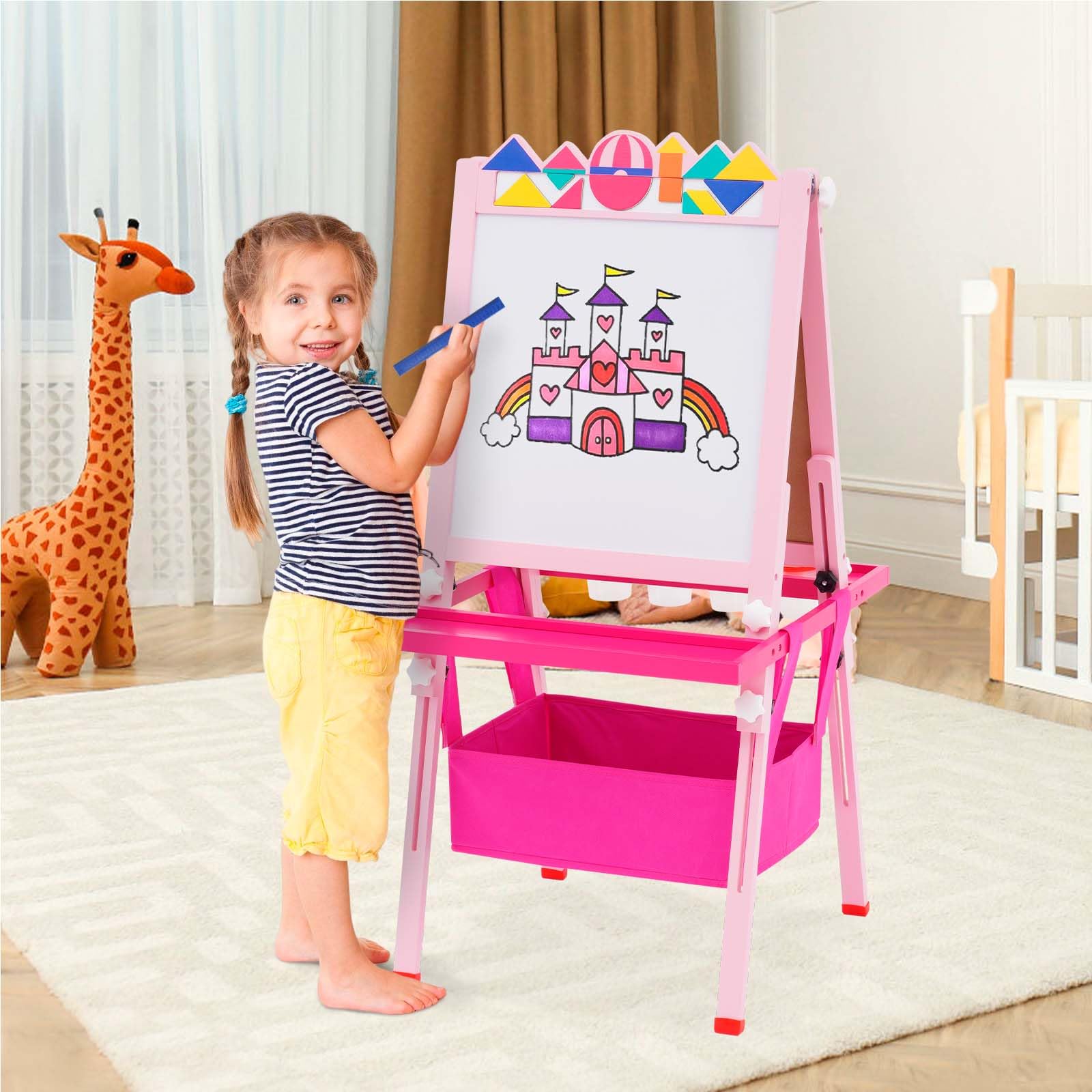 Lavagna Multiattivita,Lavagna per Bambini a Doppia Faccia con Cavalletto Regolabili in Altezza,Rullo di Carta,Gioco Tangram Puzzle, Lavagna Bianca, Adesivi dei Cartoni Animati e Accessori per Pittura