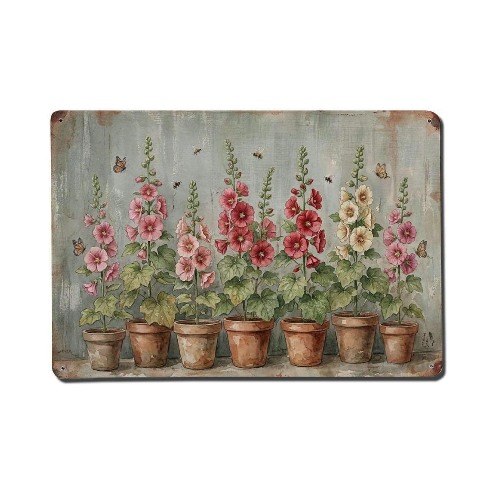 Vintage Rustic Flower Potted Plants Hollyhock Metal Tin Sign