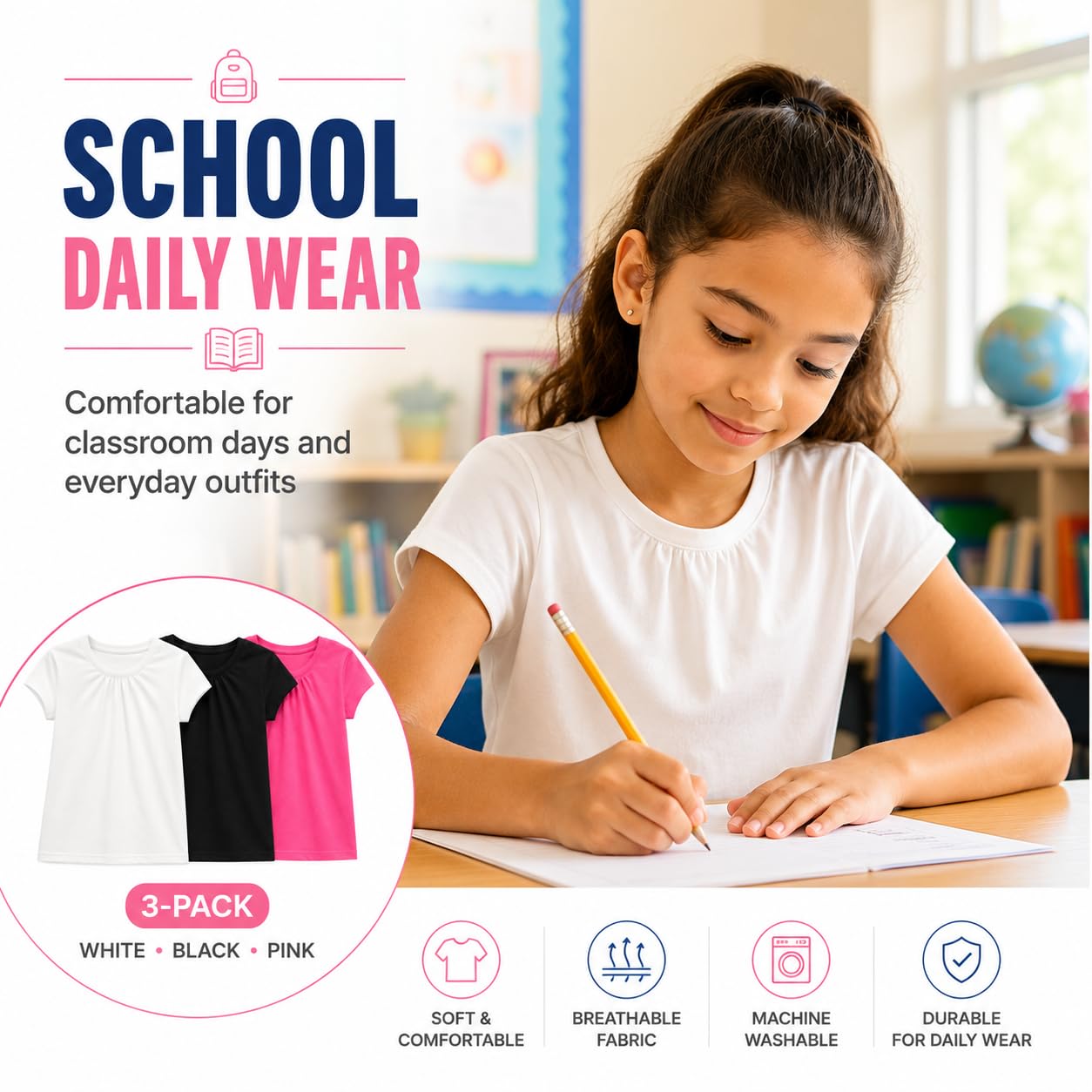 Bienzoe Niña Uniforme Escolar Respirable Secado rápido Manga Corta Camiseta