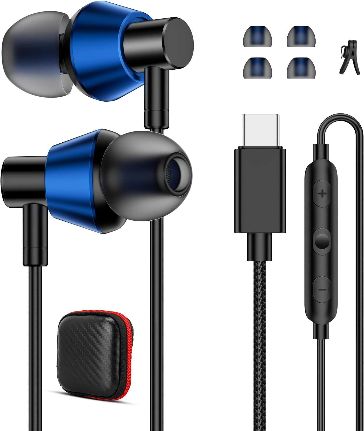 USB C Headphones Wired Earbuds with Microphone HiFi DAC Ear Buds Type C Earphones Braided Tangle-Free Cord S M L Sizes Tips & Carry Case for iPhone 15 16 16e 17 Galaxy S25 S24 S23/Pixel 10 9 Blue