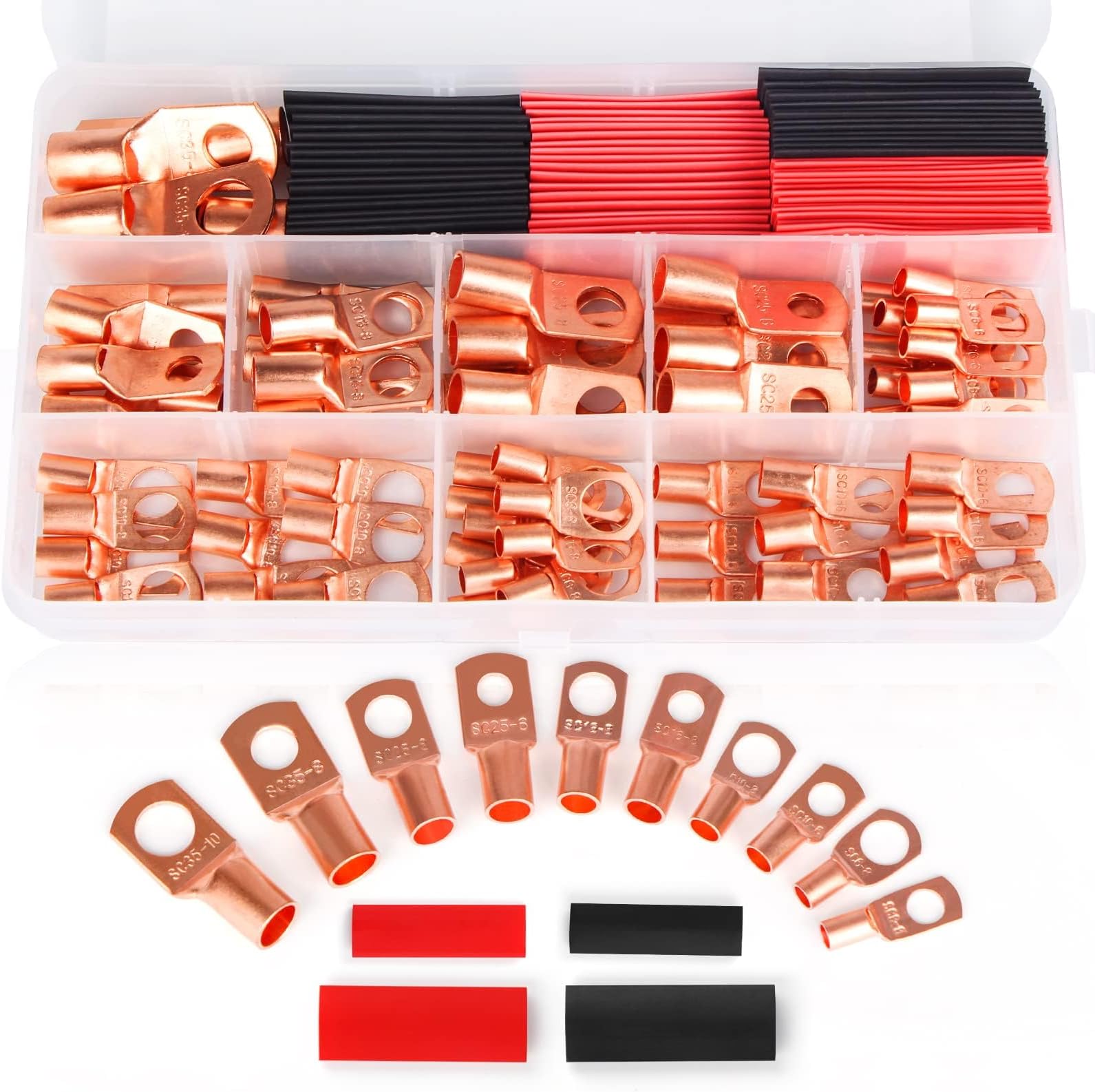 Copper Wire Lugs, 130 PCS Cable Lug with 64Pcs Battery Cable Lugs Ends and 66Pcs Heat Shrink Tubing, Used on AWG12 10 8 6 4 2 Cable,Heat Shrink Set,Bare Copper Eyelets,Ring Terminals Connectors