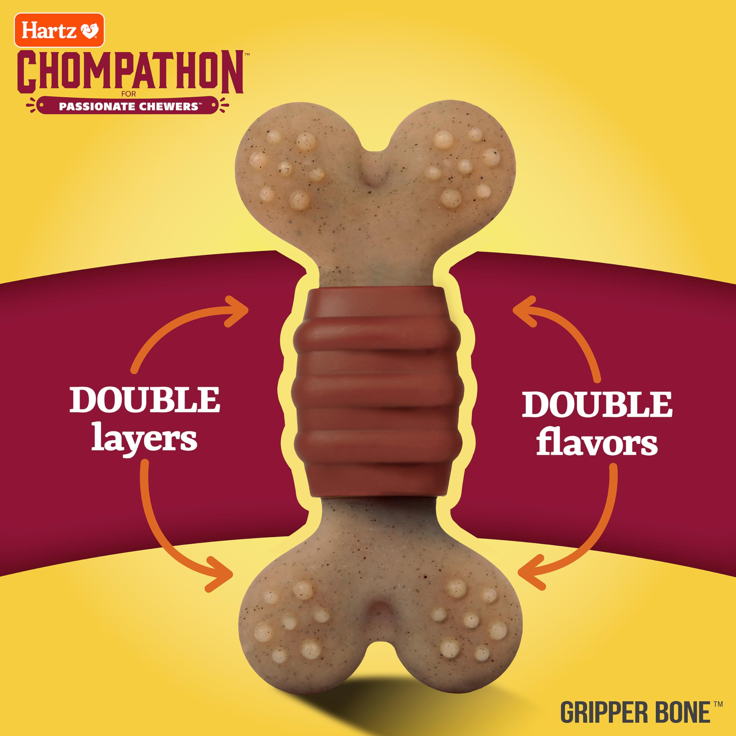 Hartz New Chompathon Gripper Bone Dog Chew Toy for Aggressive Chewers, Double Layered Flavored with Chicken & Bacon