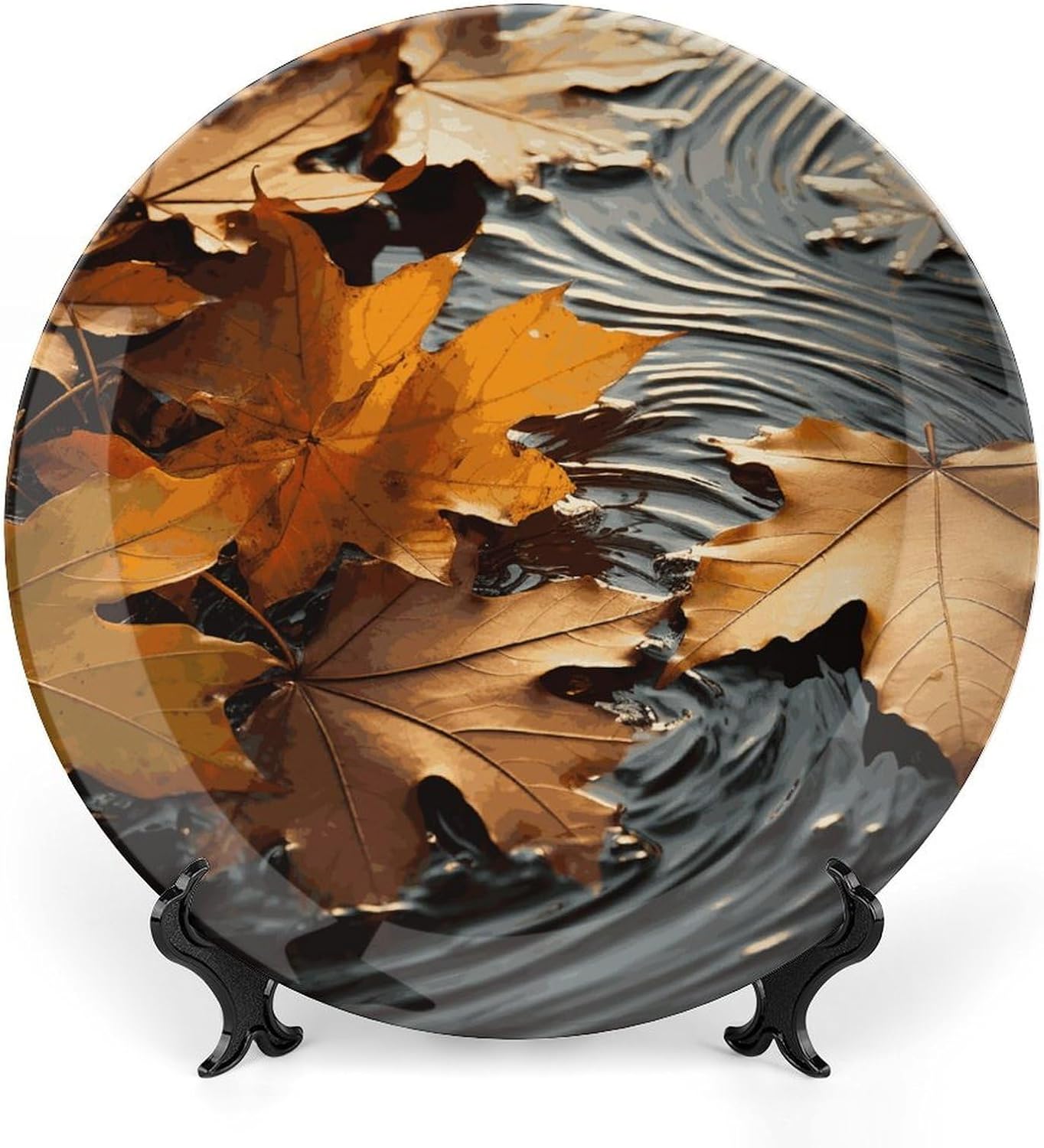 Fall Leaves Decorative Plates for Display Round Porcelain Plate Living Room Table Ceramic Hanging Decorative Plate Art Decor for Living Room Table with 1 Display Stand 10inch