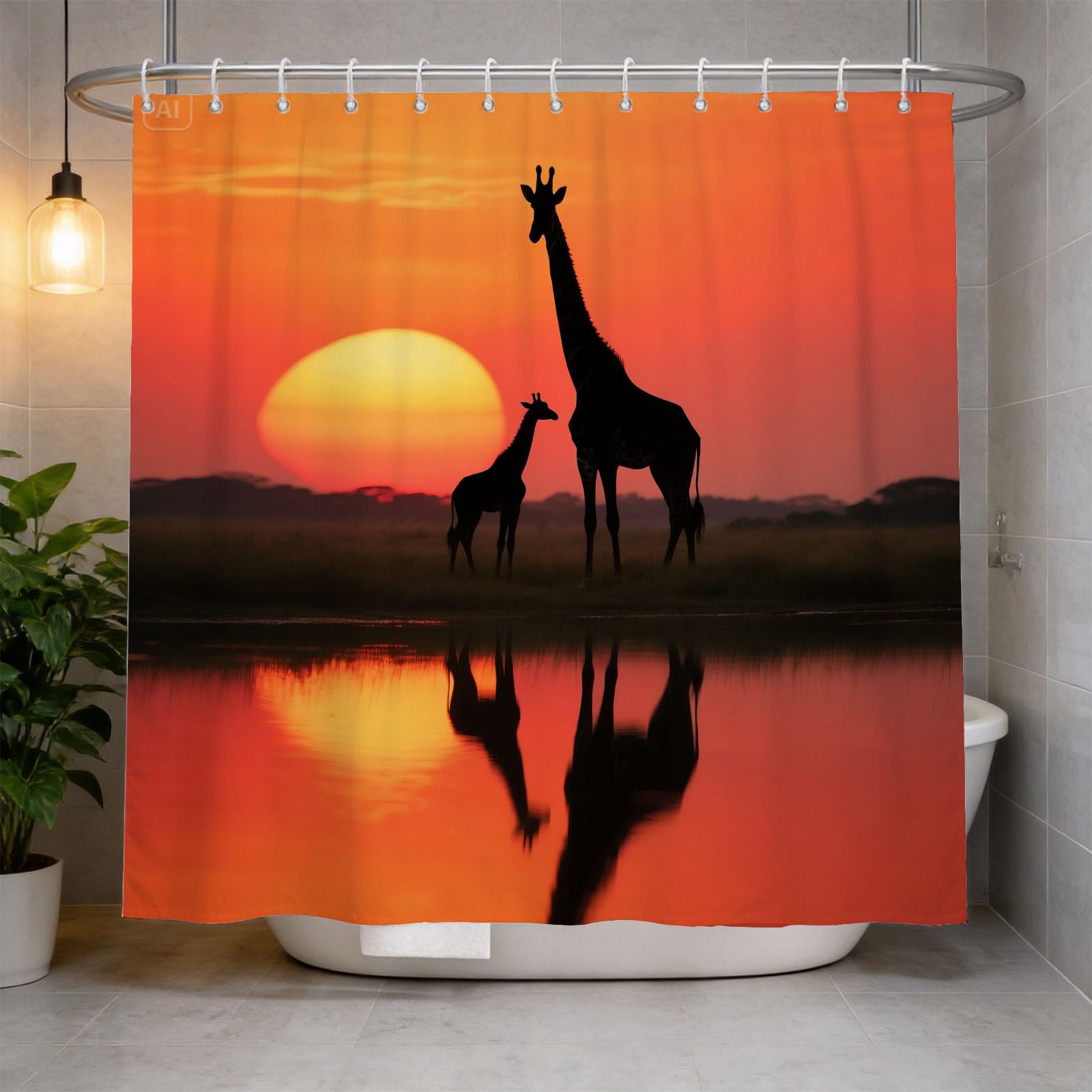 Hongduo 3D Giraffe Family Shower Curtain for Stalls Bathtubs Sunset Silhouette Bathroom Decor Shower Curtain Set Polyester Fabric Waterproof 120x180cm/48X71 Inch with Hooks