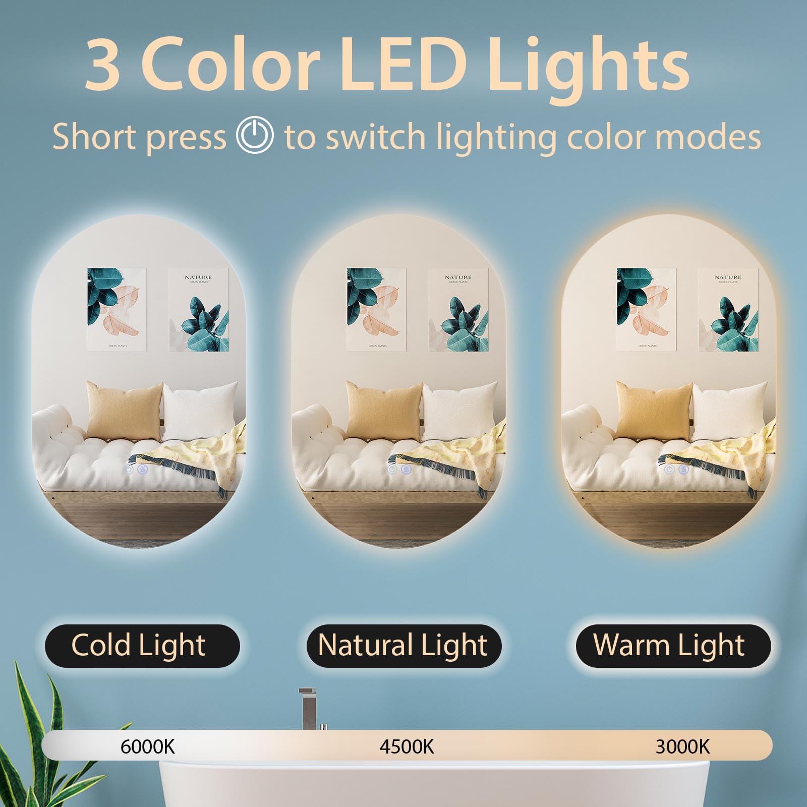 LIFEZEAL Specchio con Luci da Bagno, 80 x 50 cm, Specchio Led con Antiappannamento, 3 Colori di Luce, Dimmerabile, Interruttore Touch, Specchio da Parete (ovale)