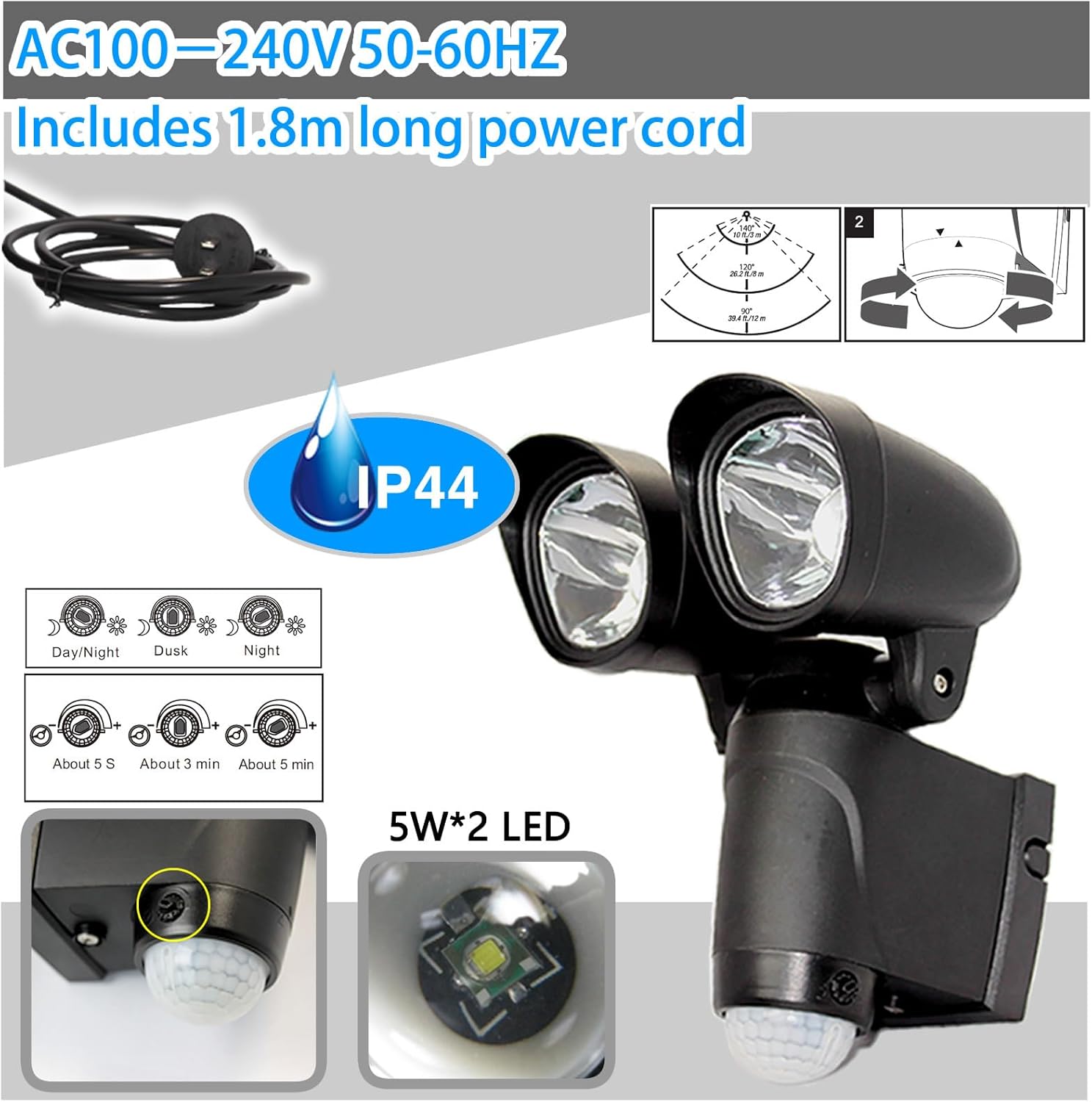 Dual-Head LED Motion Sensor Security Light, Black, IP44 Waterproof, Indoor/Outdoor, 6000K, Adjustable 180° Detection Angle, Distance 0-39 ft, 1.8m Cord