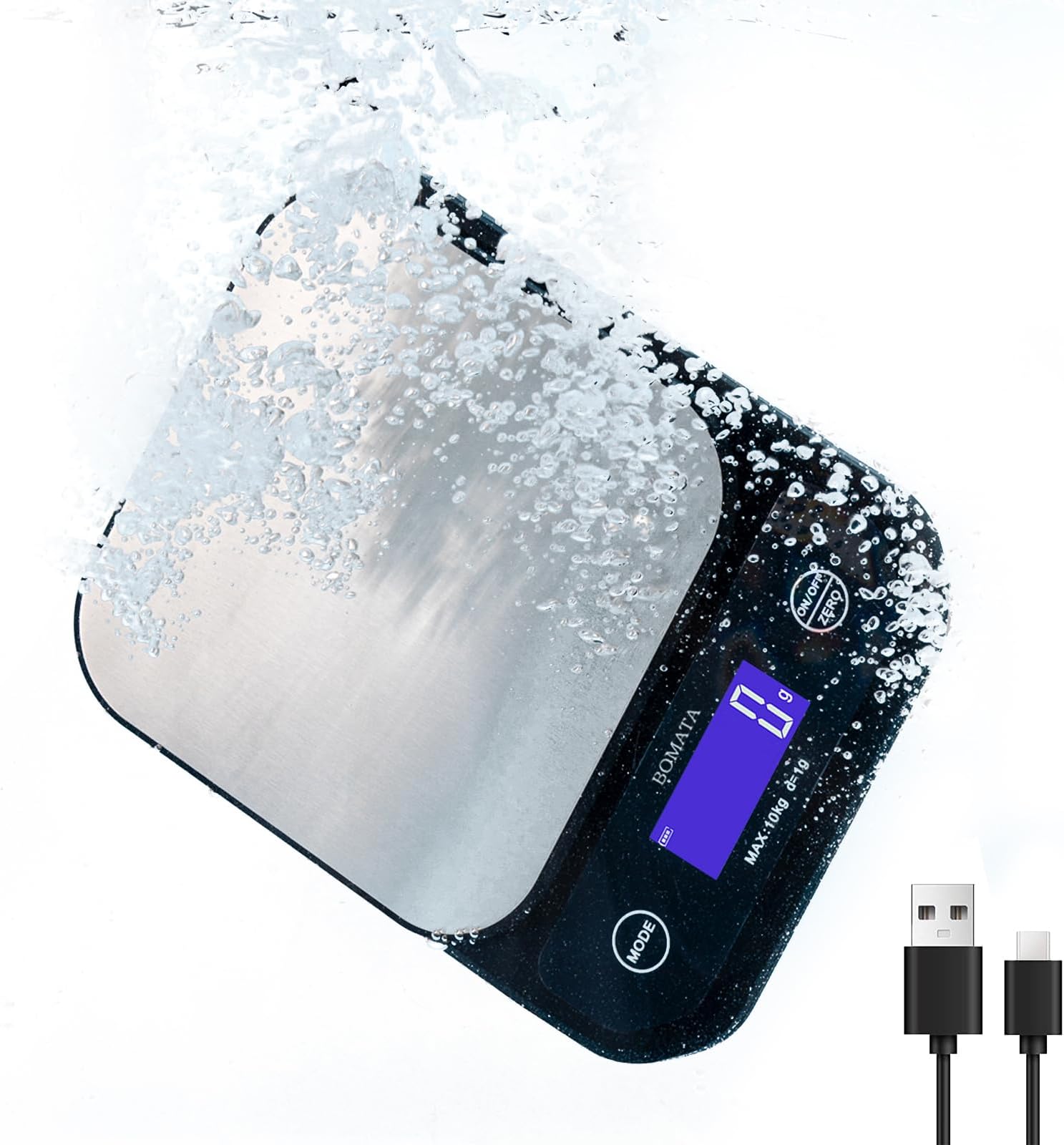 BOMATA IPX7 Waterproof Food Scale, 22lb/10kg, USB Rechargeable, Submersible, Ounces and Grams for Cooking Baking Weight Loss, 0.05oz/1g Precise Graduation, Wide Viewing Angle LCD, Stainless Steel