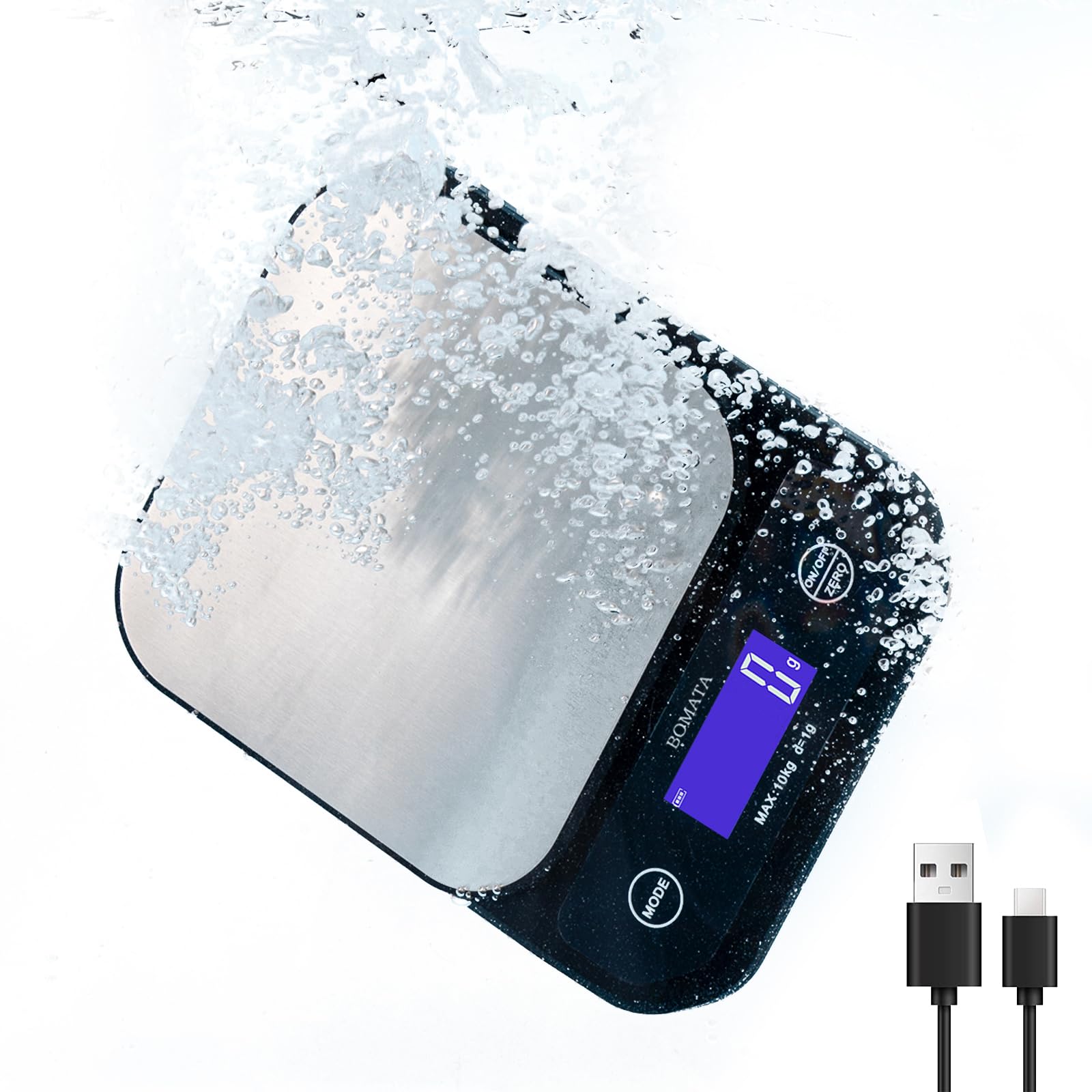 BOMATA IPX7 Waterproof Food Scale, 22lb/10kg, USB Rechargeable, Submersible, Ounces and Grams for Cooking Baking Weight Loss, 0.05oz/1g Precise Graduation, Wide Viewing Angle LCD, Stainless Steel
