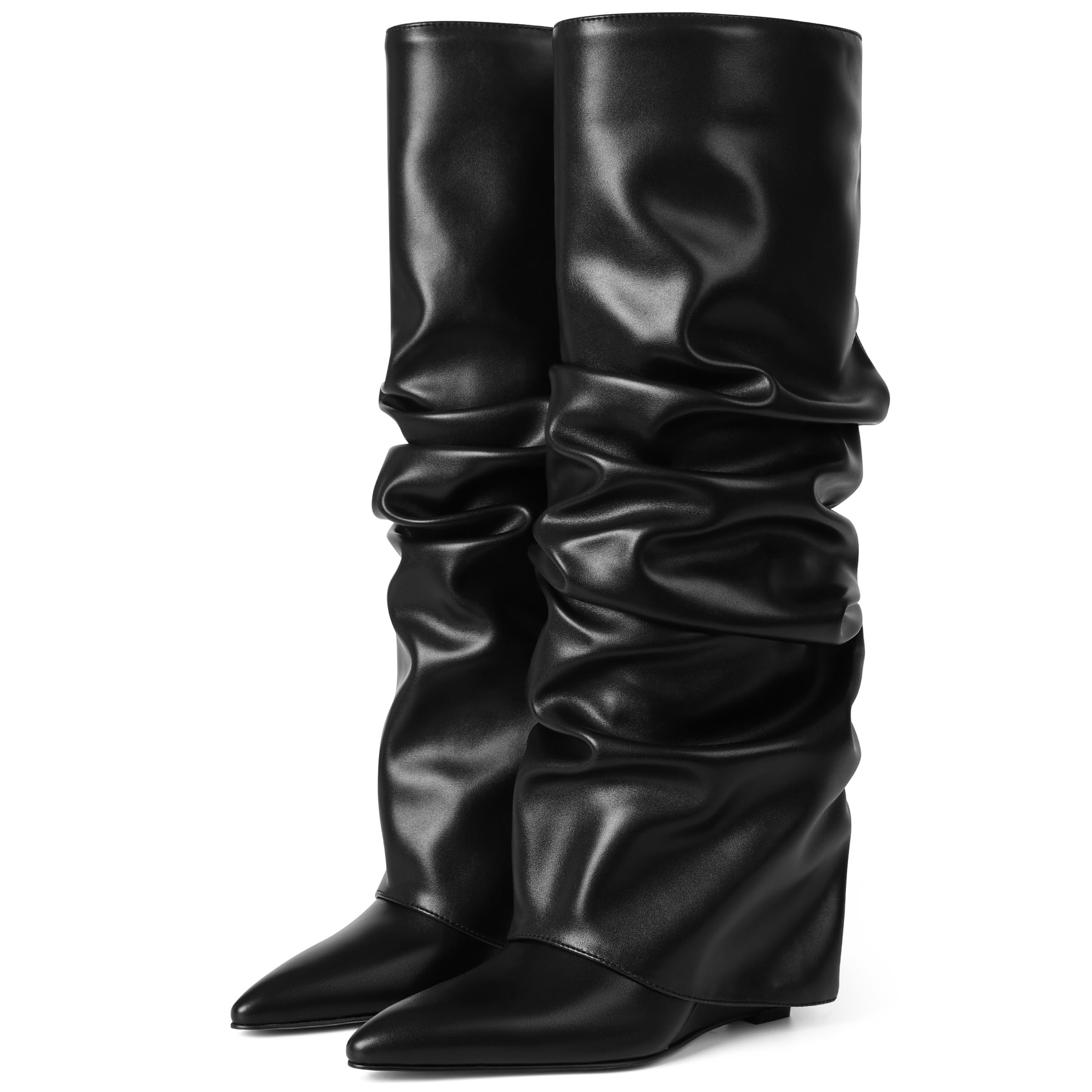 Oiamenne Womens Fold Over Boots Slouch Knee High Boots for Women Wedge Heel Pointed Toe Tall Boot Wide