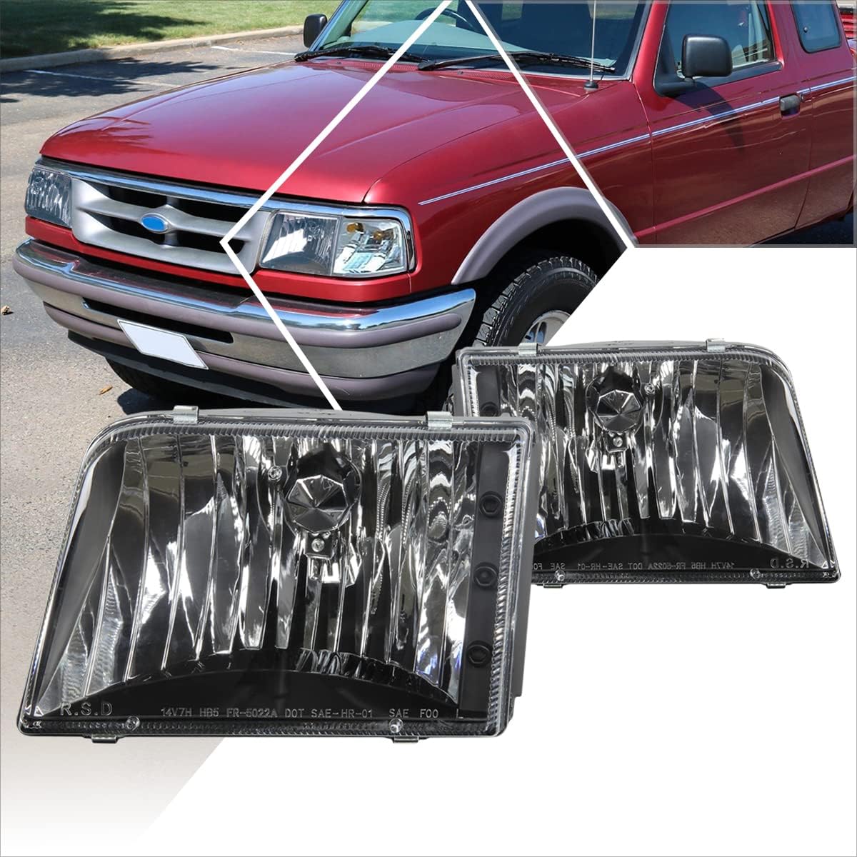 PM PERFORMOTOR PMHL-FRAN-9397-OH-B Black Housing Headlights Replacement Compatible with 93-97 Ranger