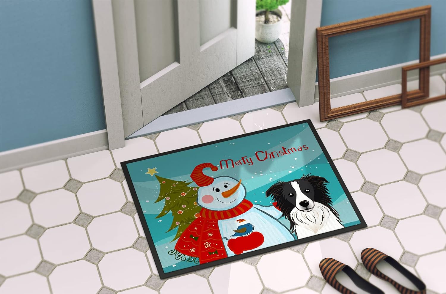 Caroline's Treasures BB1861JMAT Snowman with Border Collie Doormat 24x36 Front Door Mat Indoor Outdoor Rugs for Entryway, Non Slip Washable Low Pile, 24H X 36W