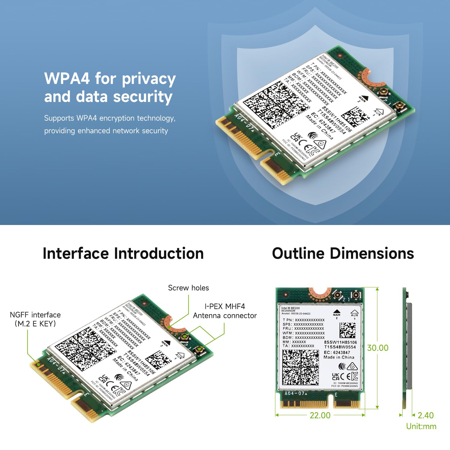 Waveshare Wireless BE200 NIC, Gigabit Tri-Band Wi-Fi 7, Supports IEEE 802.11a/b/g/n/ac/be/ax Standard, Blue-T 5.4