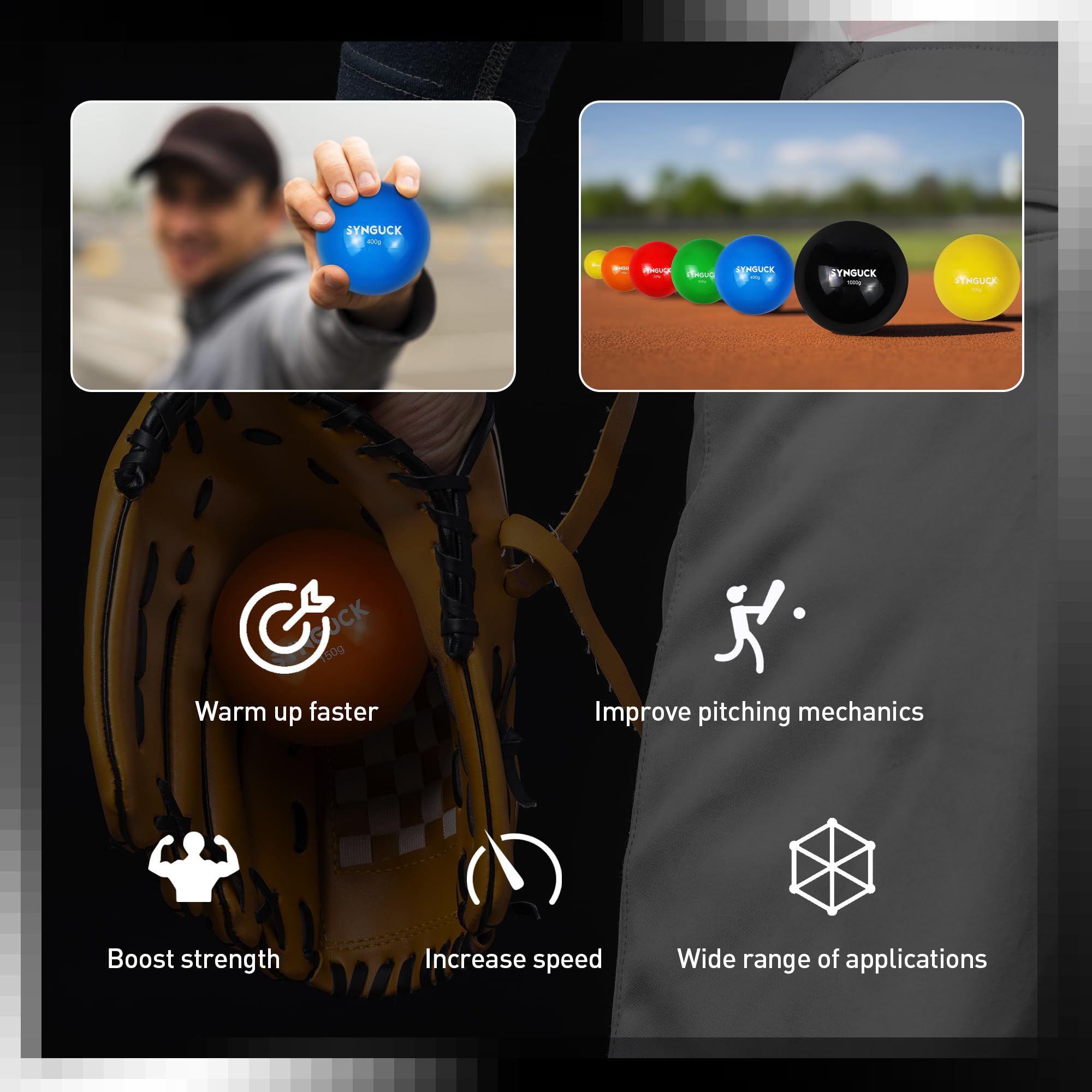 SYNGUCK Juego de 6 Pelotas pliométricas con Peso para Entrenamiento de béisbol y sóftbol (3.5/5.3/7.9/10.6/14/35 onzas) Pelotas de béisbol de Peso Variable para Mejorar la Potencia y el Entrenamiento
