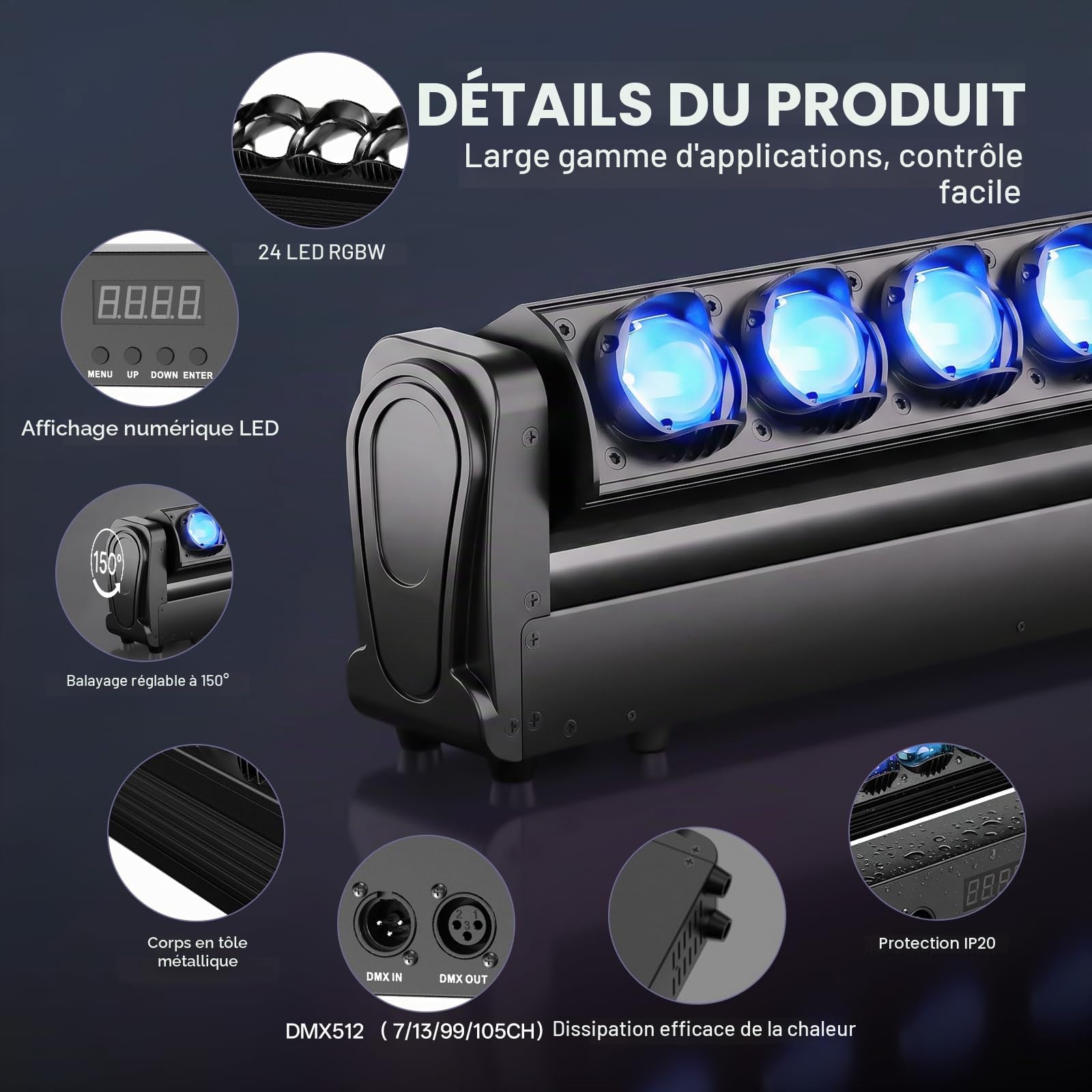 2PCS Barre de Projecteurs Wash Lyre LED RGBW 24x12W, Faisceau 2° Stroboscope et Variateur d-mx512 Activée par le Son pour Scène Mariage DJ Soirée Club