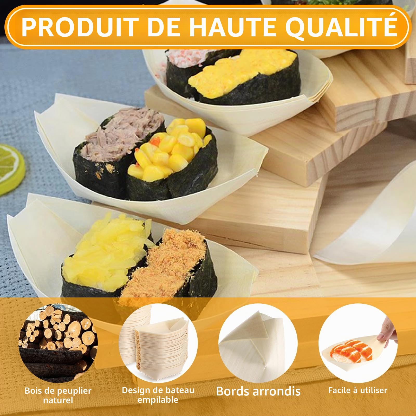APACALI Lot de 200 Assiettes pour Amuse-Gueules en Bois de Peuplier et Feuille de Palmier, Forme de Bateau, Dégradables et Biodégradables, Idéales pour Currywurst, Snacks, Barbecues et Fêtes