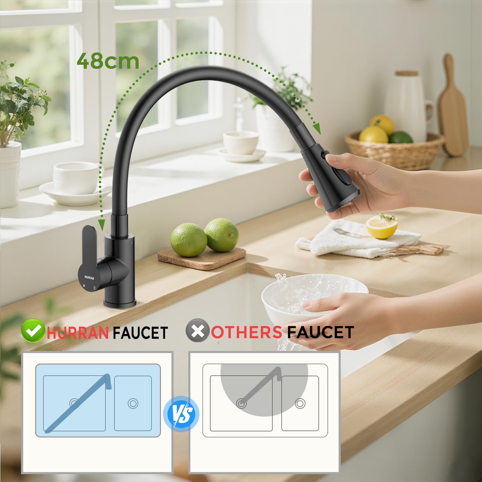 Hurran Robinet de Cuisine Avec 3 Modes de Pulvérisation, Robinet Cuisine Pivotant À 360° avec Tuyau en Silicone, Mitigeur en Acier Inoxydable, Noir Mat