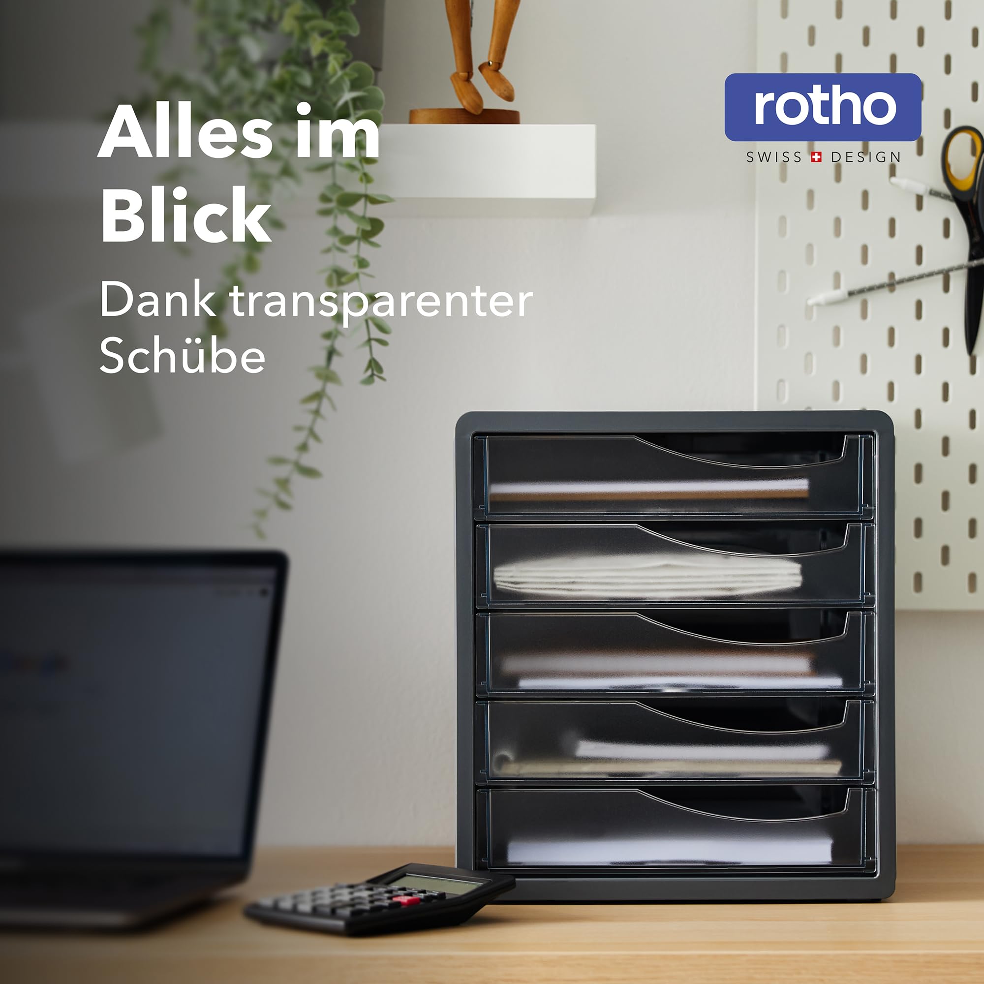 Rotho Spacemaker Schubladenbox / Bürobox mit 5 Schüben, Kunststoff (PS) BPA-frei, transparent/anthrazit, (33.5 x 28.5 x 32.0 cm)