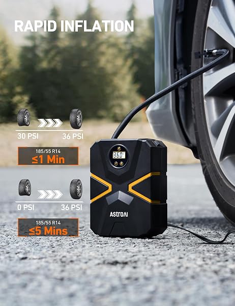 AstroAI Tyre Inflator Air Compressor 12V DC, Car Accessories Digital Tyre Pump 150 PSI, Preset Tyre Pressure & Auto Shutoff, Electric tyre Pumps for Cars Motorcycles Bikes (Black&Yellow) - 4