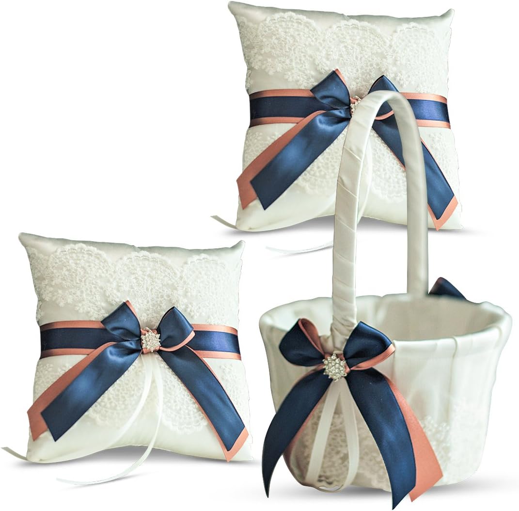 Ivory Ring Bearer Pillow and Basket Set | Lace Collection | Flower Girl & Welcome Basket for Guest | Handmade Wedding Baskets & Pillows (Navy Rose Gold)