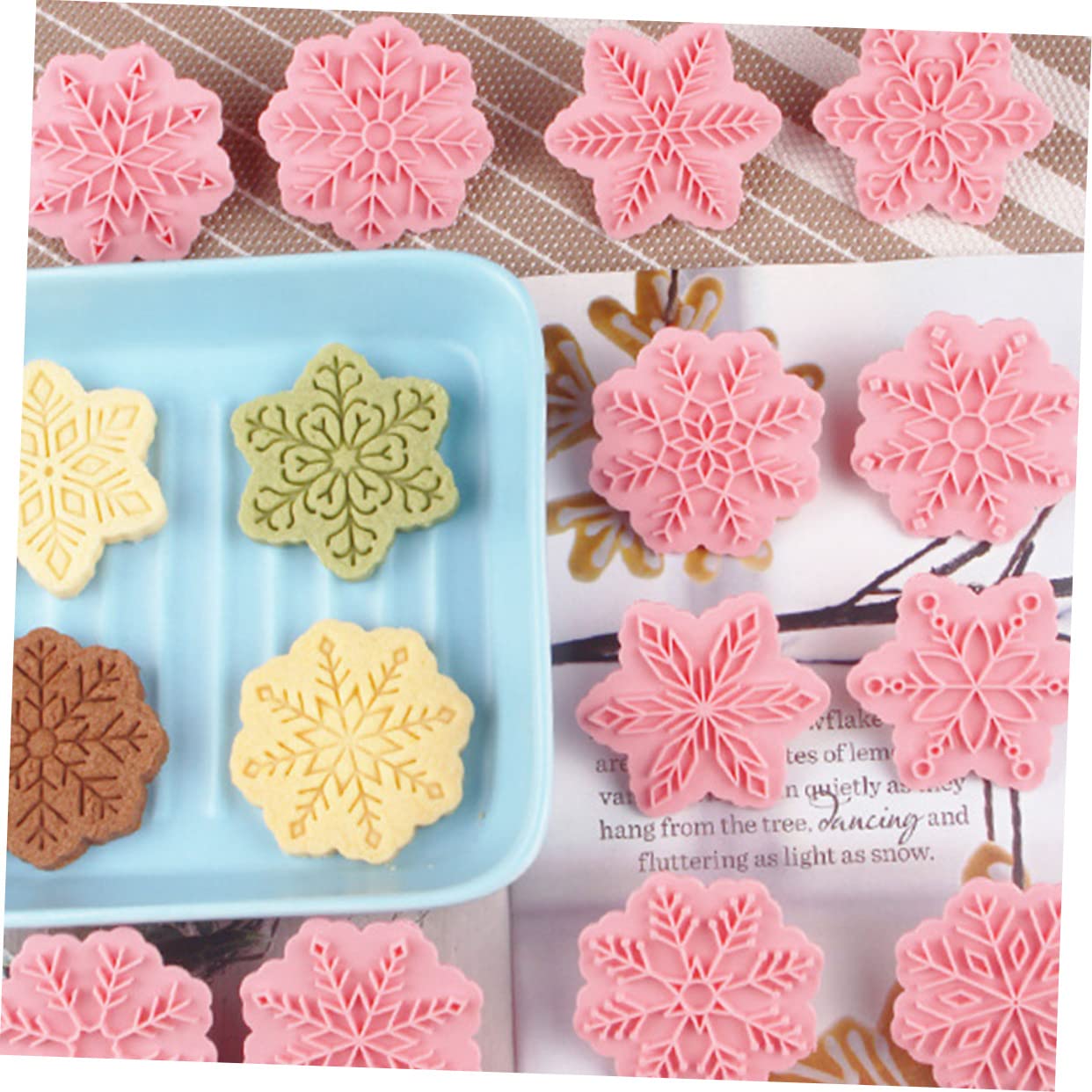 MAGICLULU 5 Sätze Schneeflocken-schablone Gebäckform Zum Aufdrücken 3d-cookie Kekspresse Kekse Weihnachtsbacken Weihnachts Backform Keksform Aus Kunststoff Backzubehör Pp Rosa 18 Stück * 5