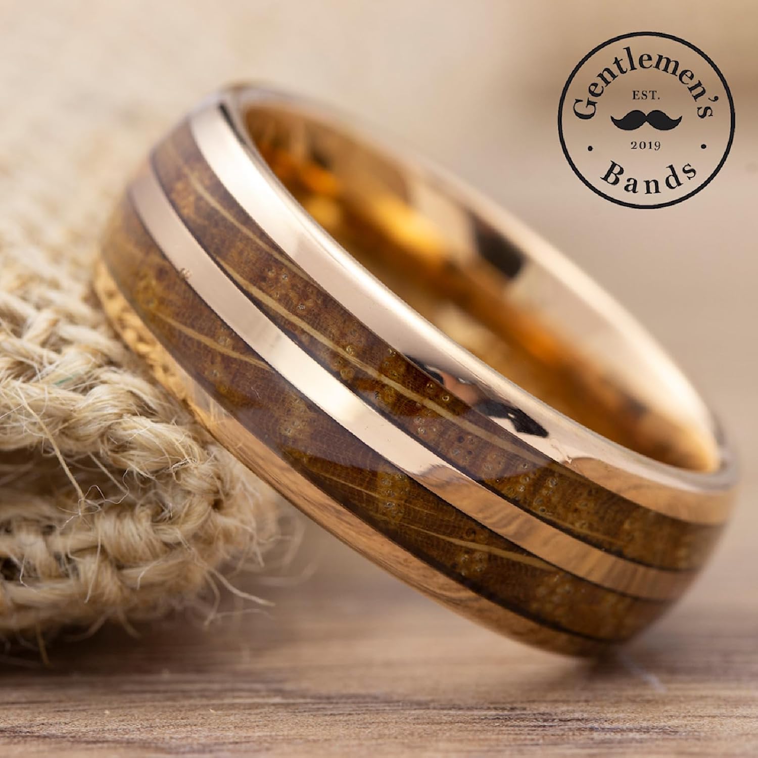 Gentlemen's Bands Premium 8mm Black Tungsten Wedding Band With Whiskey Wood & Rose Gold Inlay | Wedding Ring Ideal For Gifting | Package Includes Silicon Band, Walnut Ring Box, Leather pouch