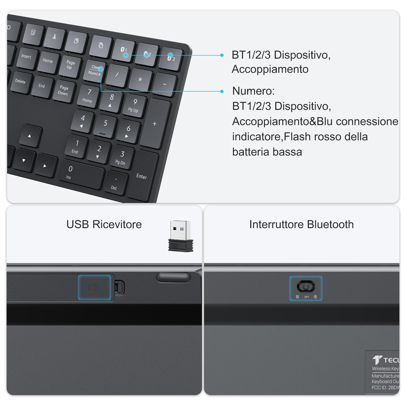 TECURS Tastiera Wireless Bluetooth, Tastiera Senza Fili Full-Size, Tastiera da Ufficio Multi-Dispositivo con 3 Canali Bluetooth per PC Computer Windows Mac, Tastiera Layout Italiano QWERTY, Nero