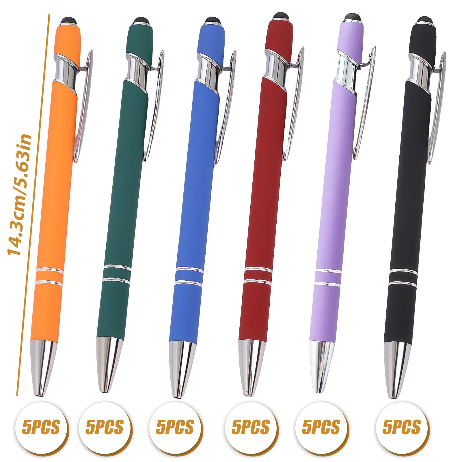 Lot de 30 stylos à bille en métal: stylos à bille rétractables de qualité supérieure, 6 couleurs avec tactile, réutilisables pour le bureau, l'école, études, maison, collègues et les familles.