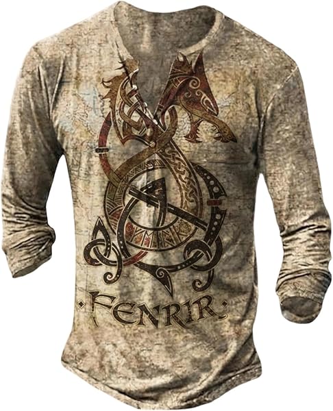 Men's Gothic Nordic Mythology T Shirts Retro Printed V Neck Lace Up Long Sleeve Pullover Vintage Distressed Henley Shirt Top Street Tshirt Sports Shirt - 5
