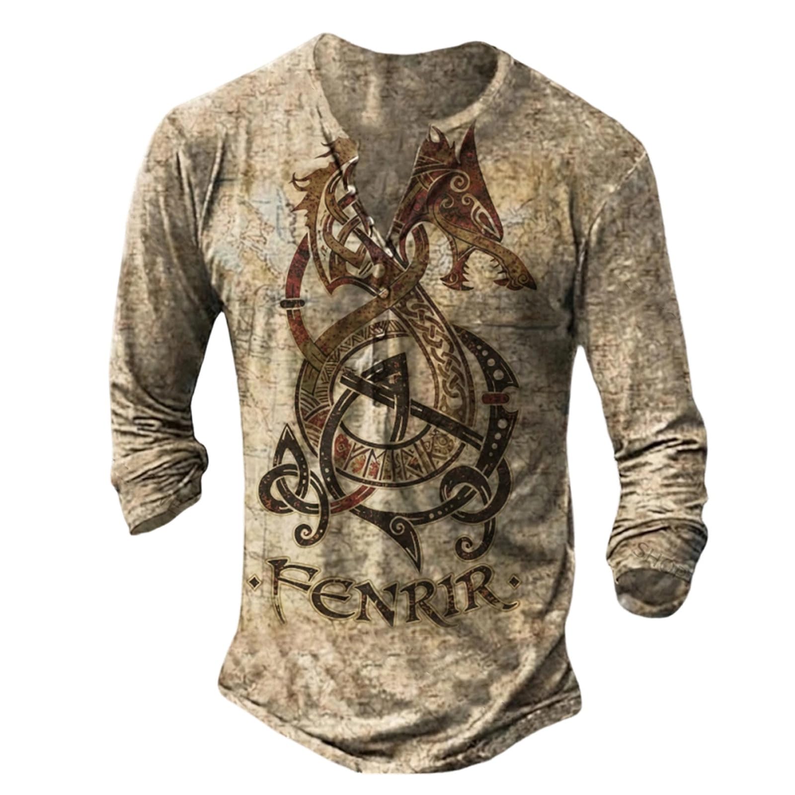 Men's Gothic Nordic Mythology T Shirts Retro Printed V Neck Lace Up Long Sleeve Pullover Vintage Distressed Henley Shirt Top Street Tshirt Sports Shirt, B Khaki, S