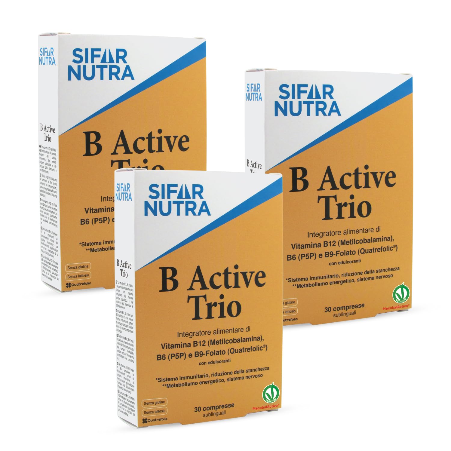 Sifar Nutra B Active Trio | B12 (metilcobalamina), folato e B6 (P5P) | vegano | assorbimento elevato| l'immunità stanchezza funzione psicologica |90 compresse sublinguali (3 Confezioni)