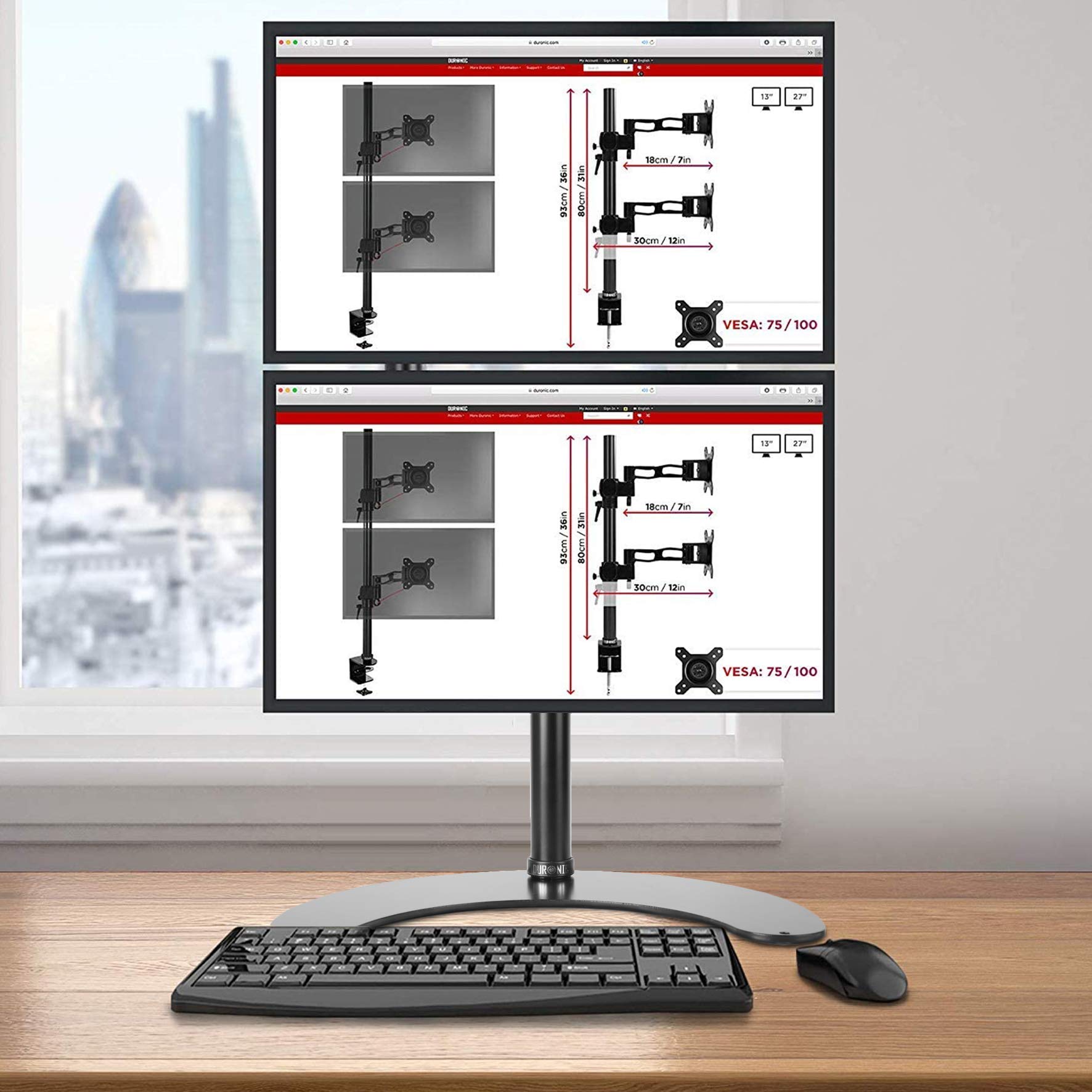 Duronic DM15D2V2 BK Doppio supporto monitor con base d’appoggio | 2 schermi 13”-32” | Altezza regolabile | Capacità 8 kg | VESA 75/100