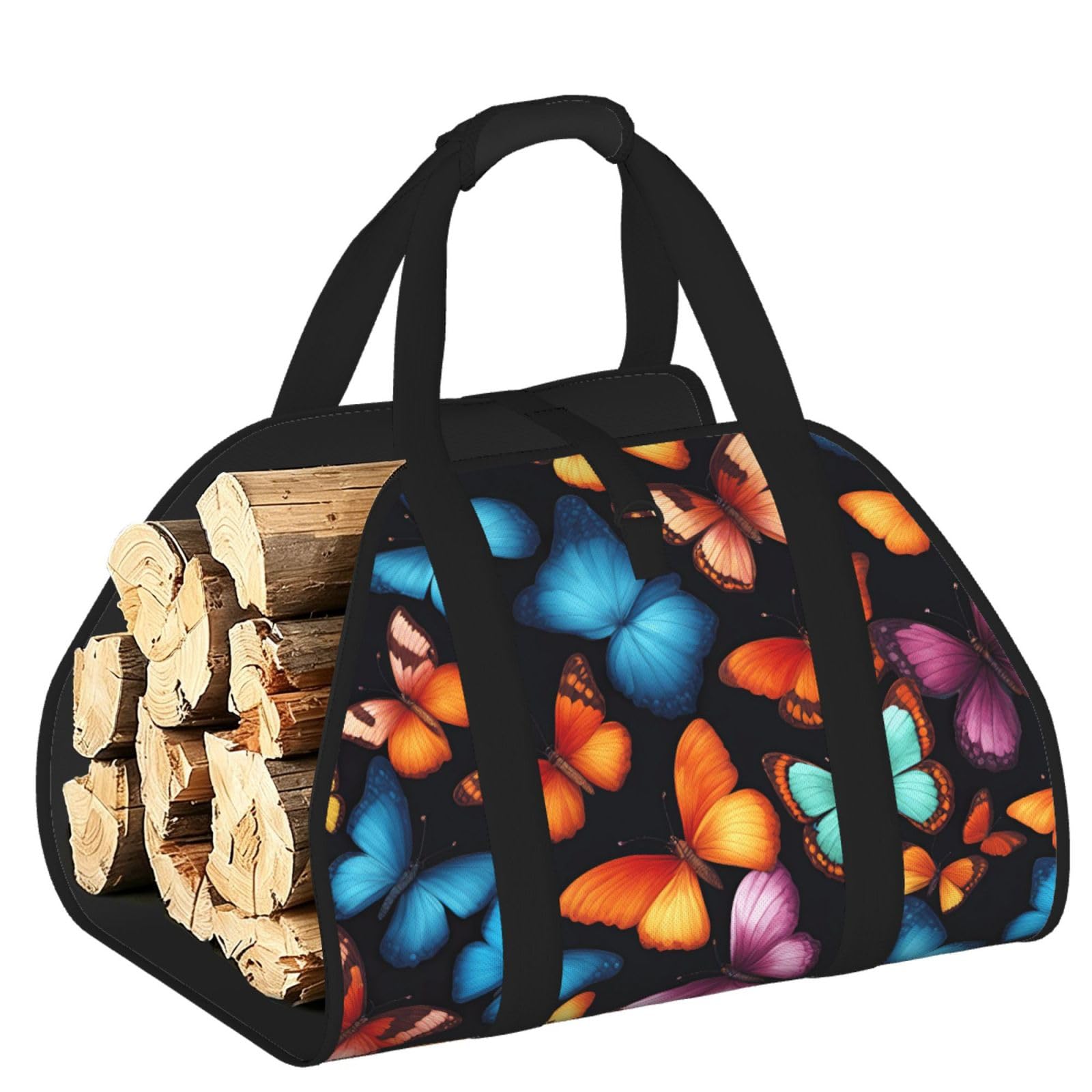 Ayyqwe Black Colorful Butterfly Print Firewood Bag Wood Waterproof Versatile Camping Picnic Storage Daily Home