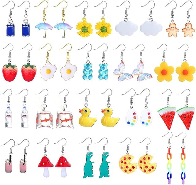 LOLIAS 20 Pairs Cute Weird Earrings for Women girl Kawaii Funny Earrings Duck Water Bottle Goldfish Strawberry Mushroom Dinosaur Earrings With Clear Box Dangle Aesthetic Earrings
