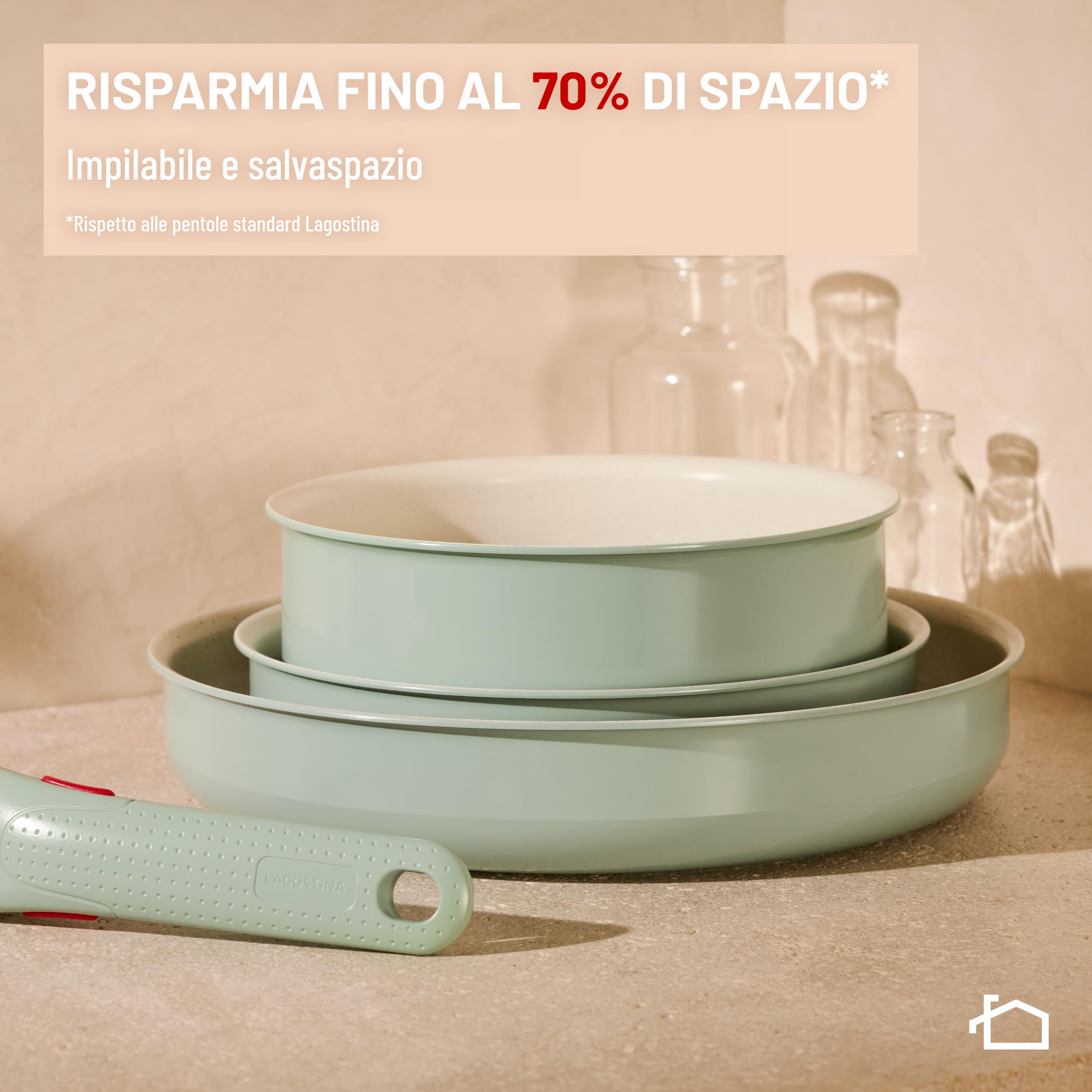 Lagostina Ingenio Pastel, Set di Padelle Antiaderenti 4 Pezzi con Manico Rimovibile, Compatibili con Induzione e Forno, Design Salvaspazio, Colore Salvia