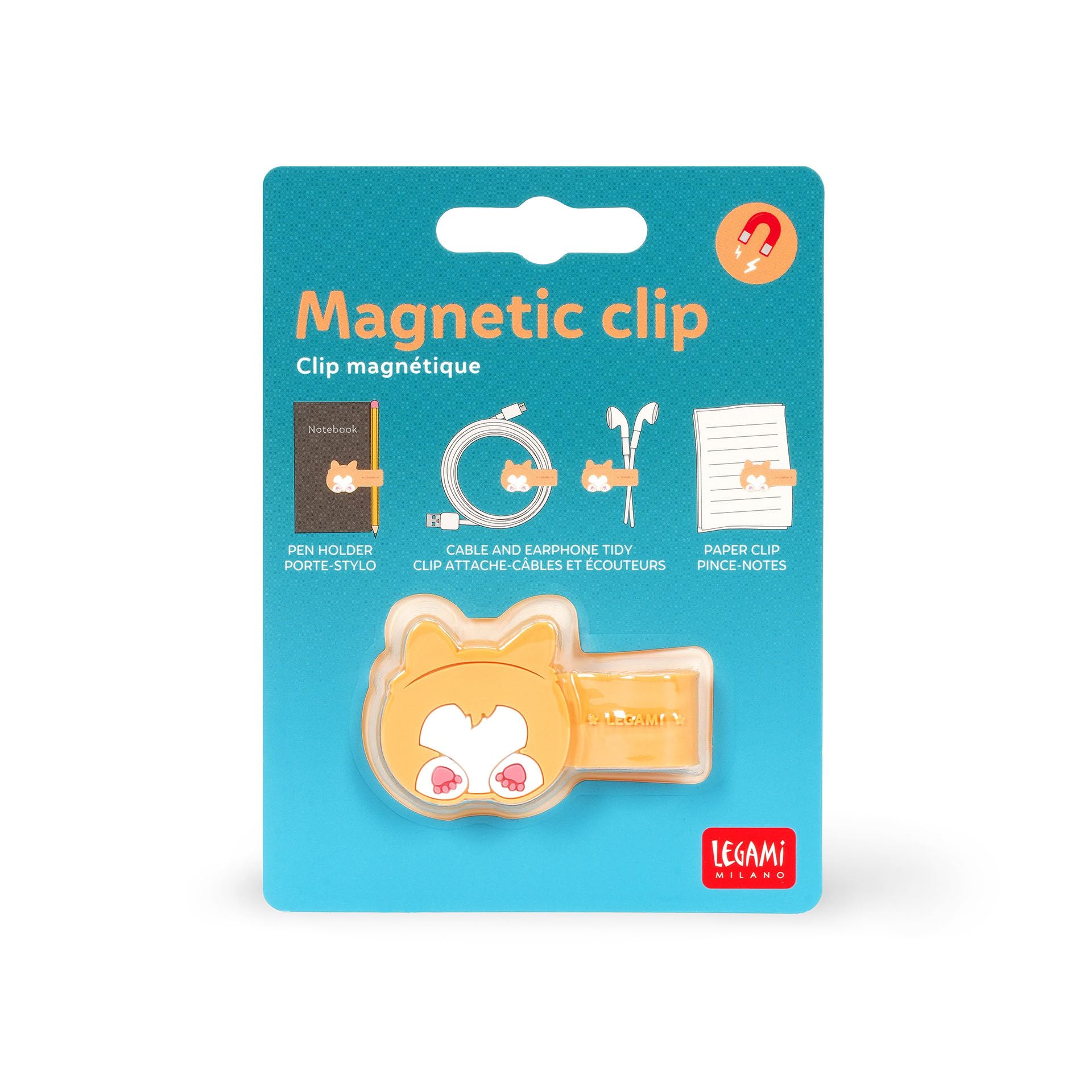 Legami, Magnetyczny klips, wzór Corgi, zapięcie na klips, optymalne do utrzymania porządku w kablach, mocowanie długopisów do notebooków, trzymanie słuchawek, 4,8 x 3,2 cm