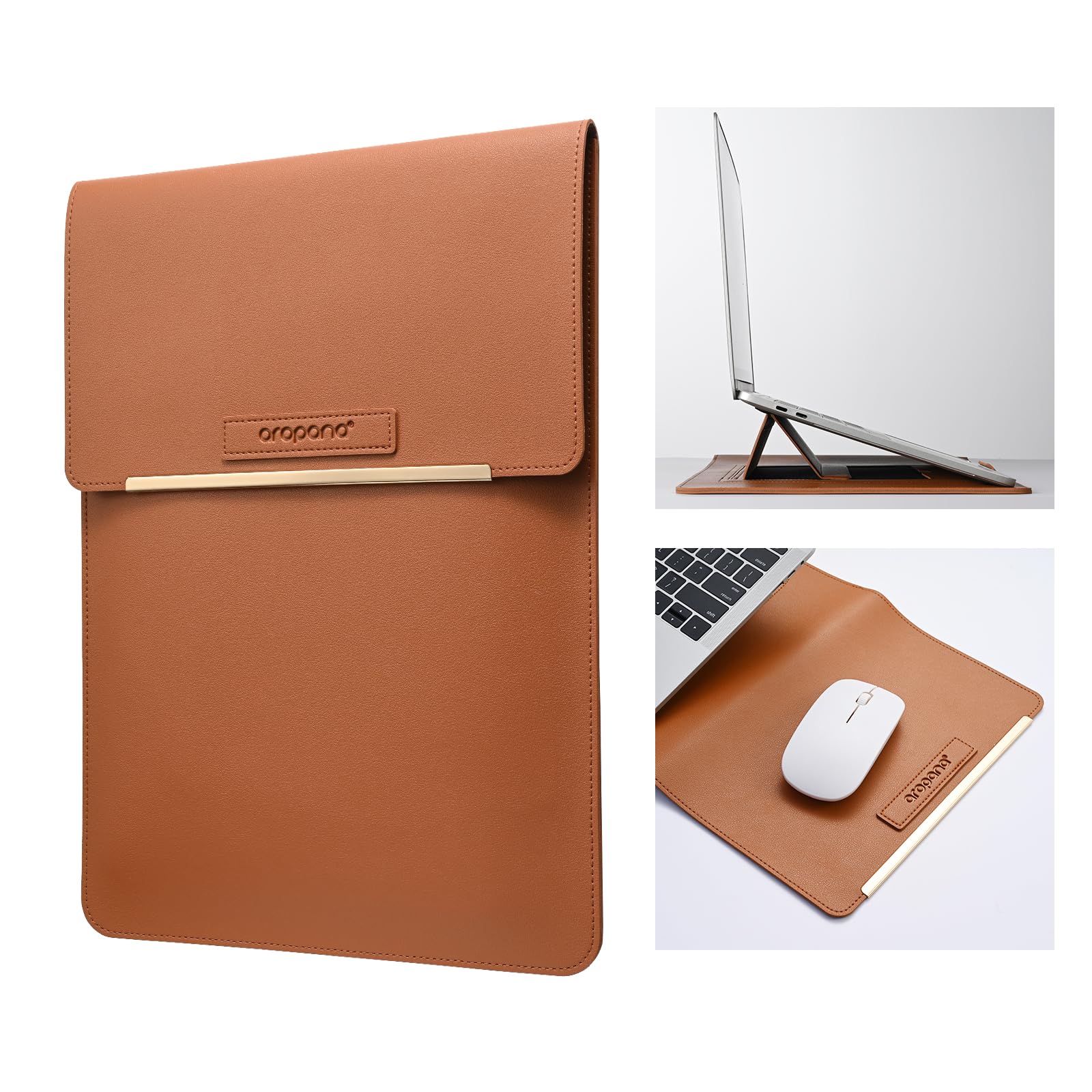 Aropana Laptop Sleeve 3 in 1 | PU Vegan Leather Case | Adjustable Stand, Mouse Pad | Water Resistant Premium Look for MacBook/Notebook up to 15.6 Inch | Brown 37x 27 cm-picture-54